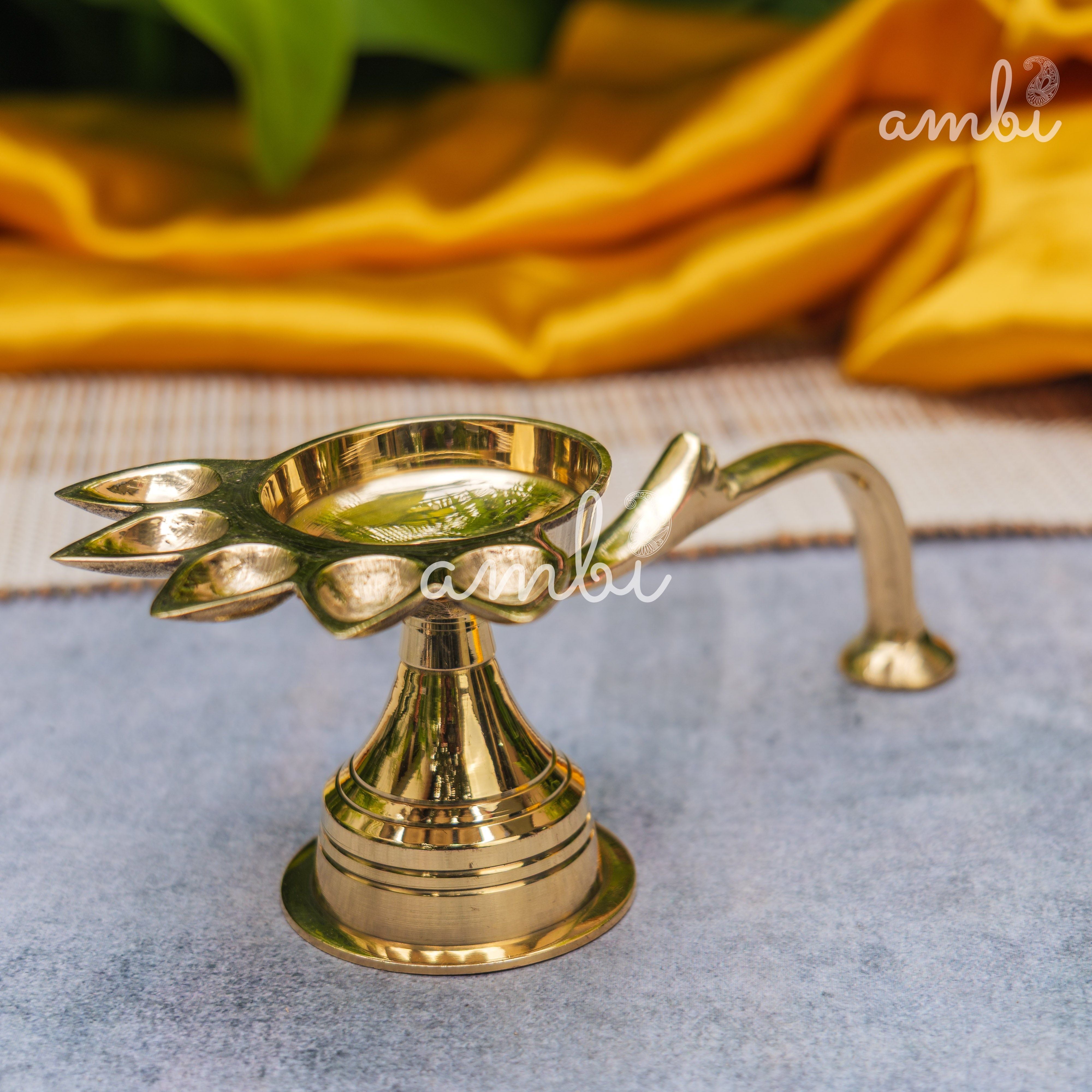 Ambi Home Pure Brass Panch Aarti Dhoop Diya with Handle - 6 inches | Small |