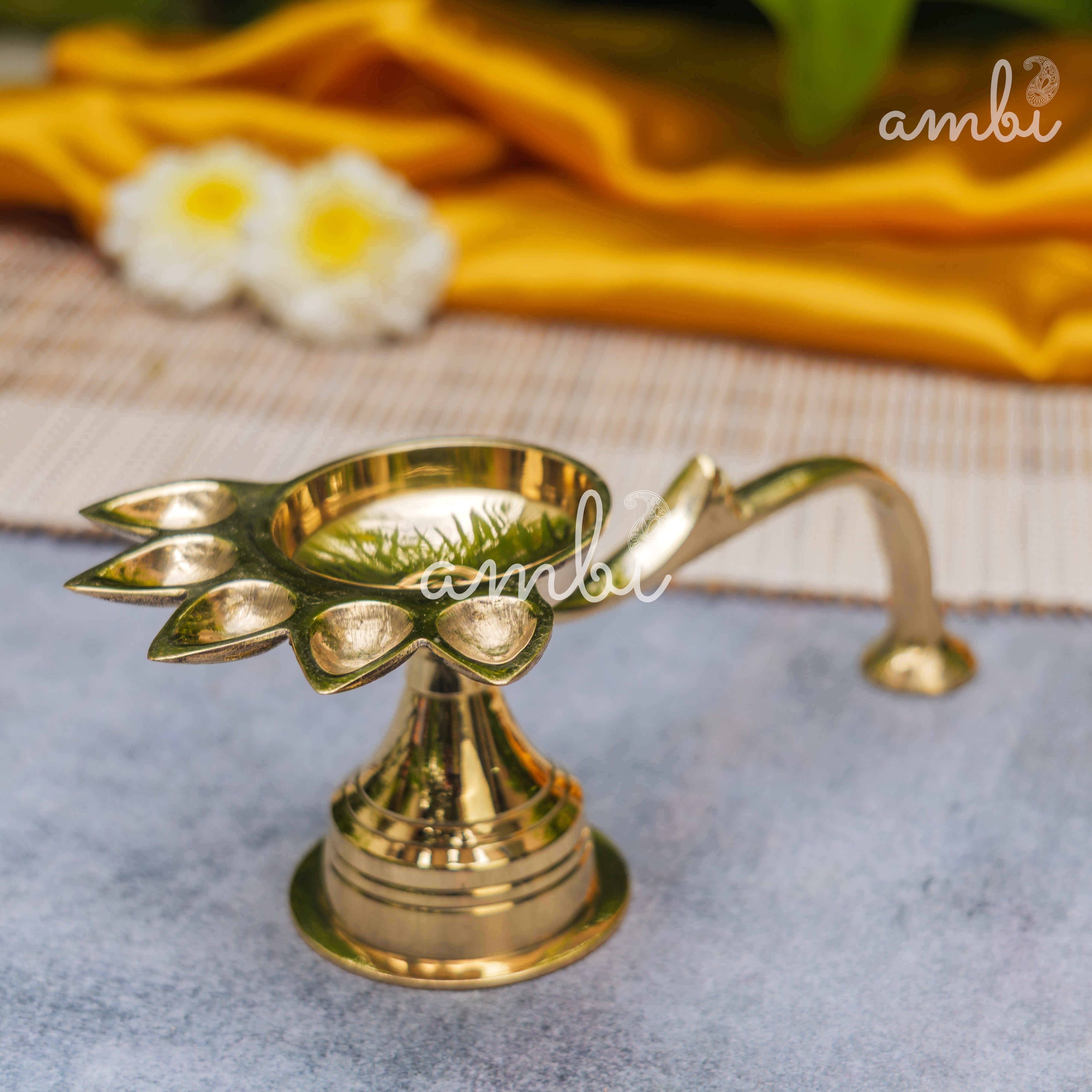 Ambi Home Pure Brass Panch Aarti Dhoop Diya with Handle - 6 inches | Small |