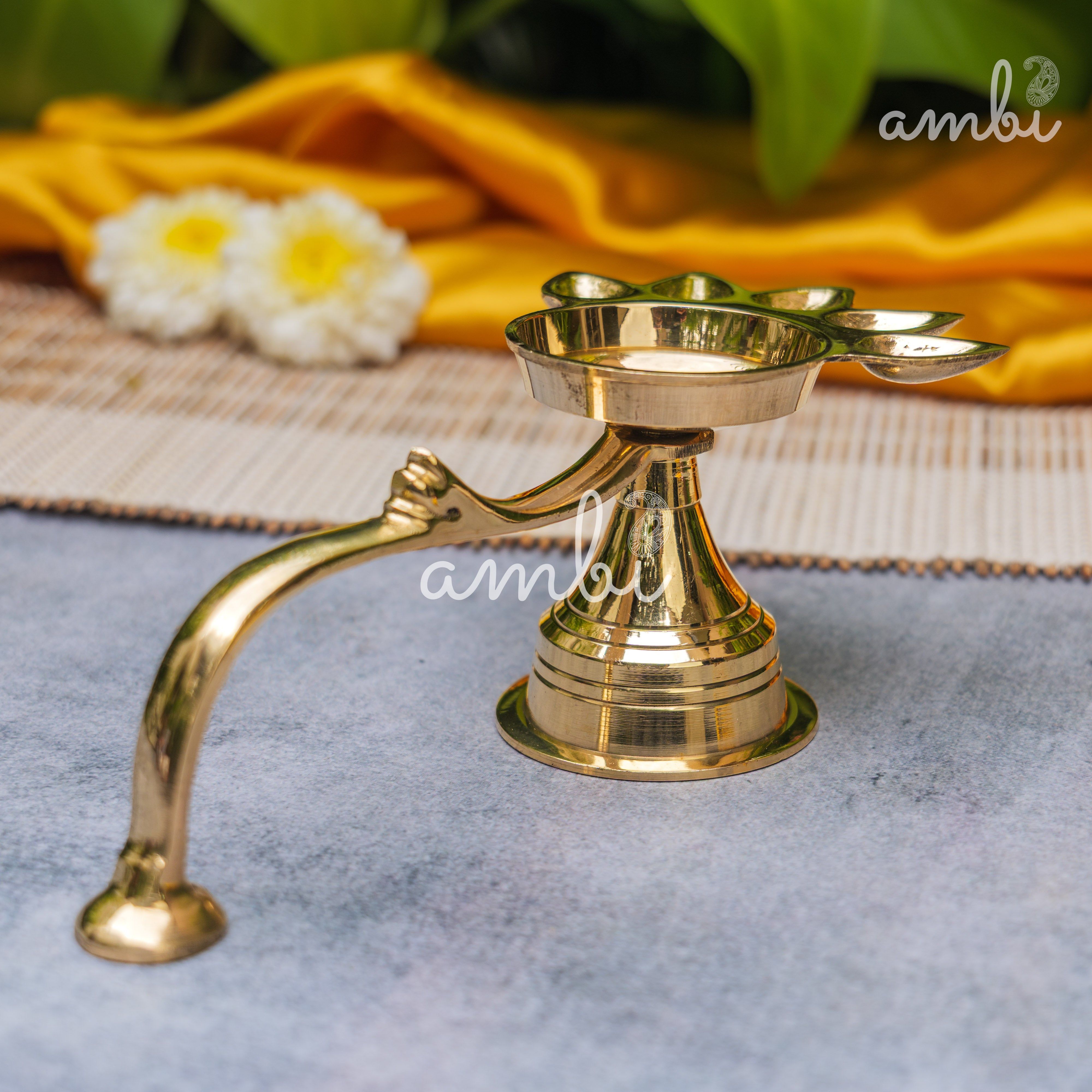 Ambi Home Pure Brass Panch Aarti Dhoop Diya with Handle - 6 inches | Small |