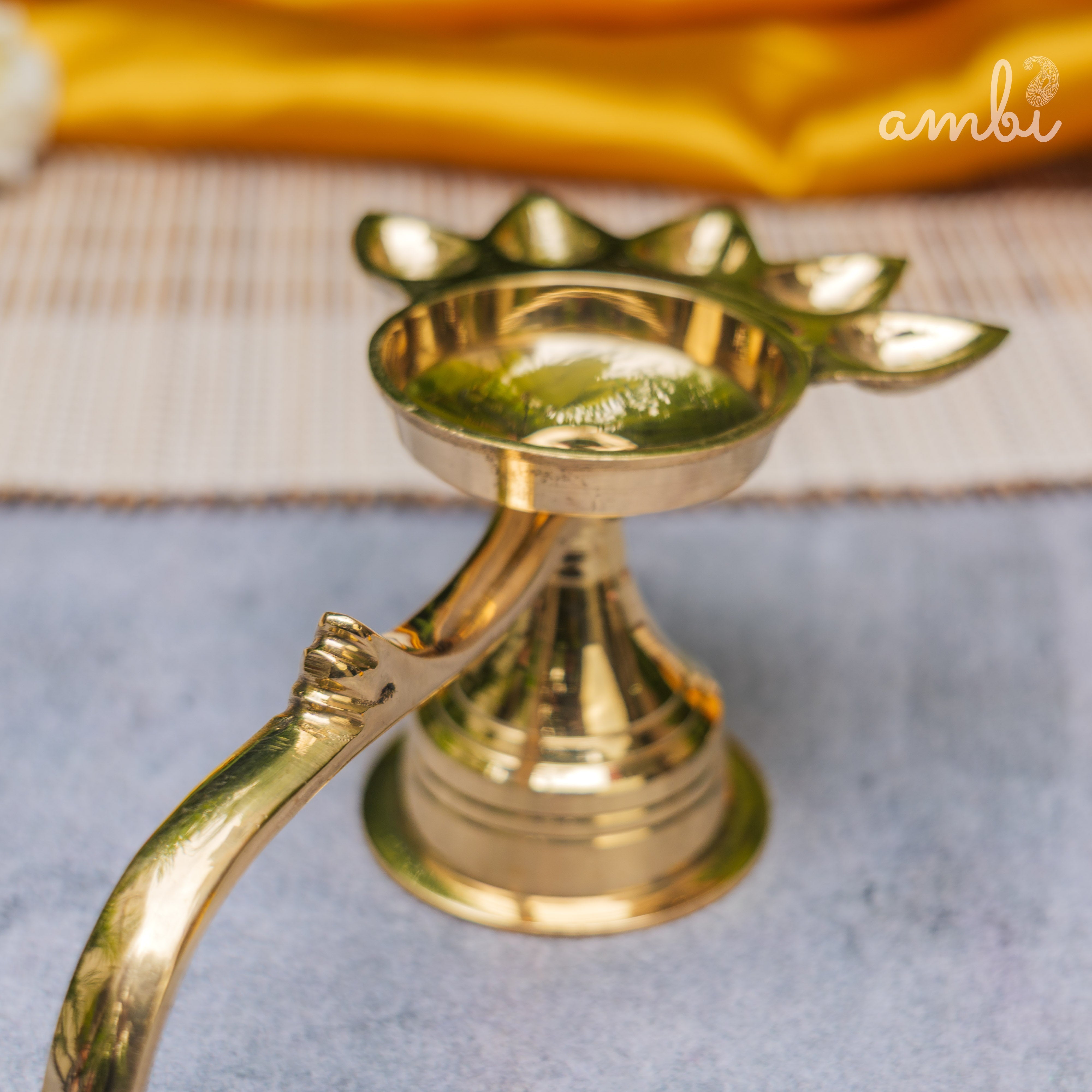 Ambi Home Pure Brass Panch Aarti Dhoop Diya with Handle - 6 inches | Small |