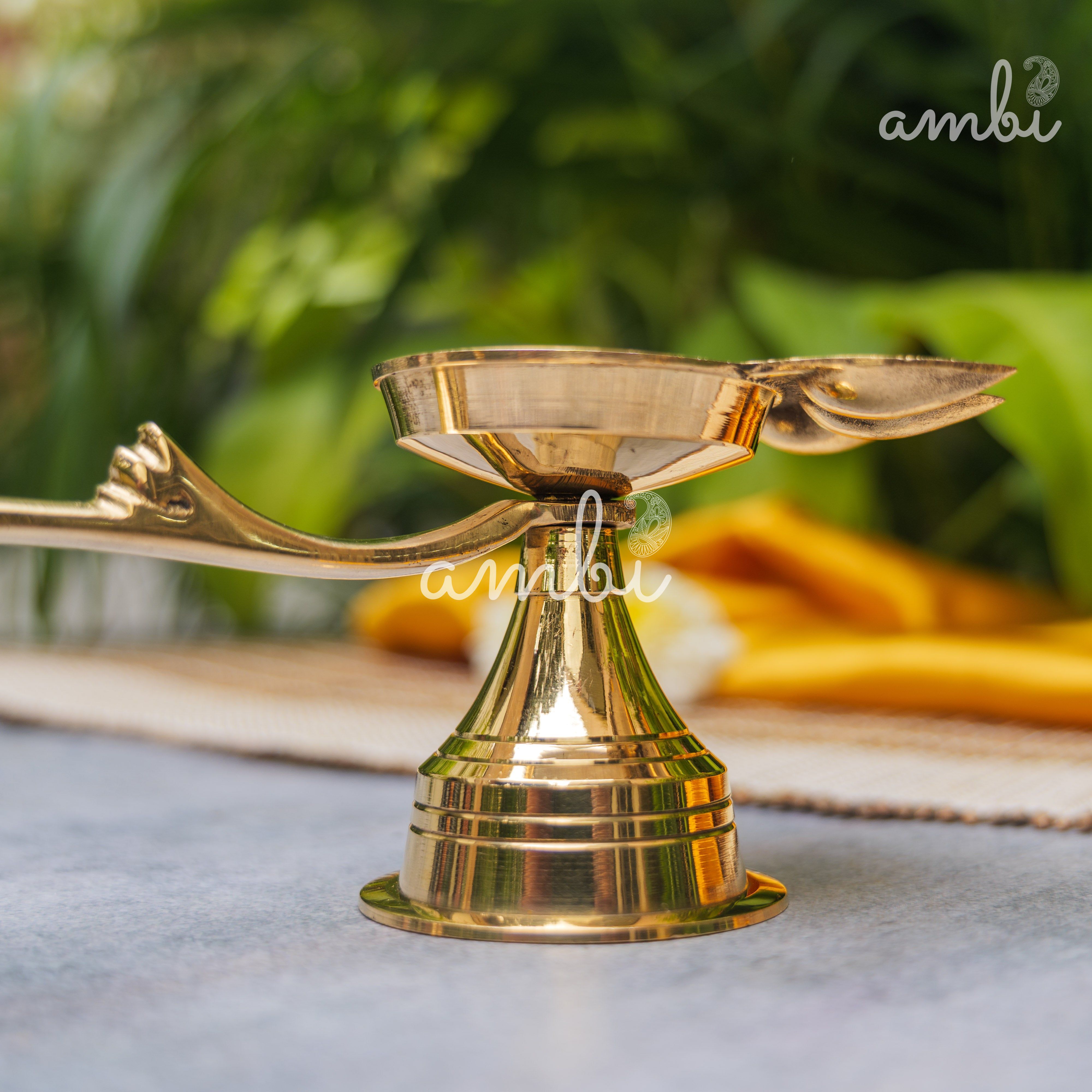 Ambi Home Pure Brass Panch Aarti Dhoop Diya with Handle - 6 inches | Small |