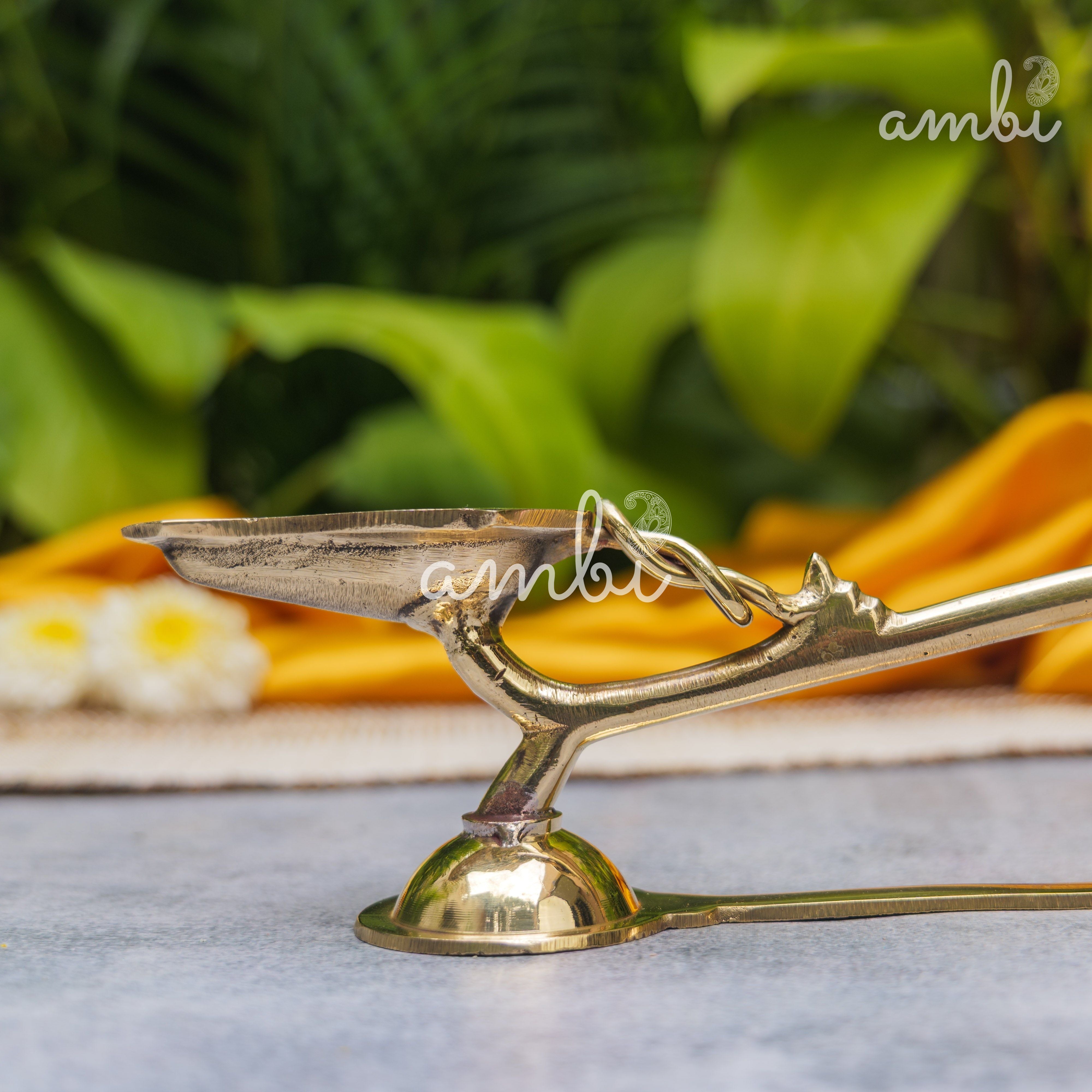 Handcrafted Brass Puja Dhoop Aarti Diya with Long Handle | 5.5 Inches | Small |