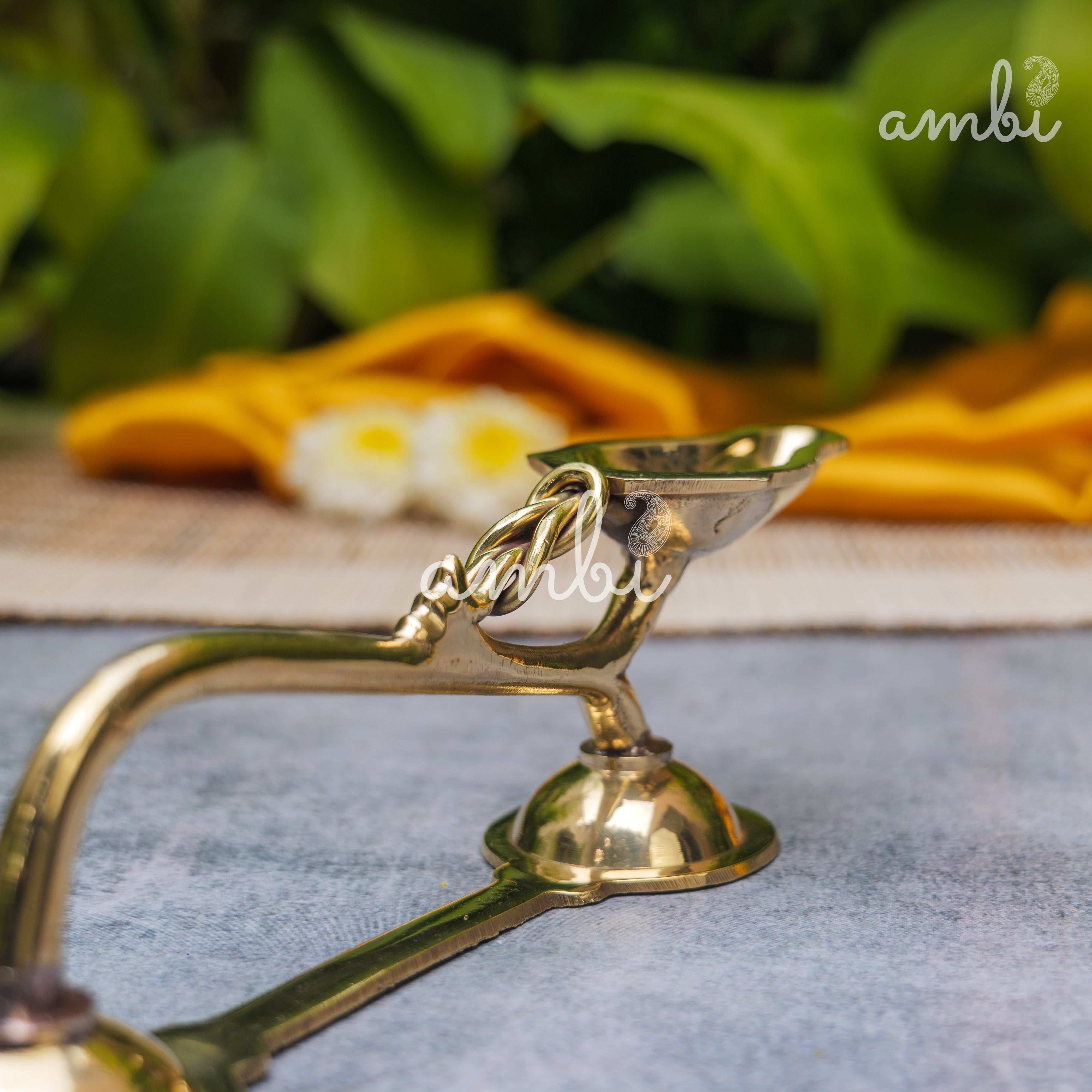 Handcrafted Brass Puja Dhoop Aarti Diya with Long Handle | 5.5 Inches | Small |