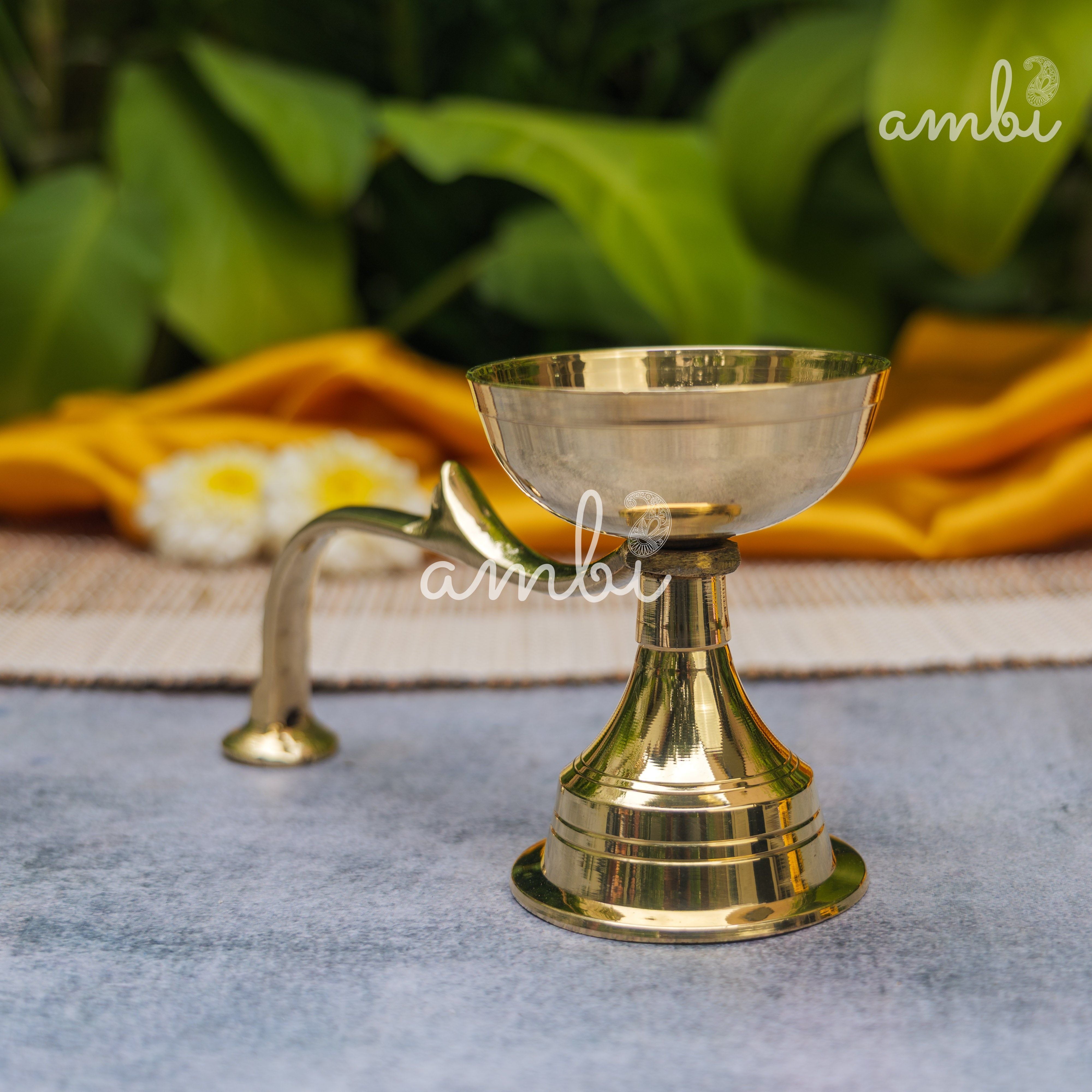 Handcrafted Pure Brass Dhoop Aarti Diya with Handle — 6 Inches | Small |