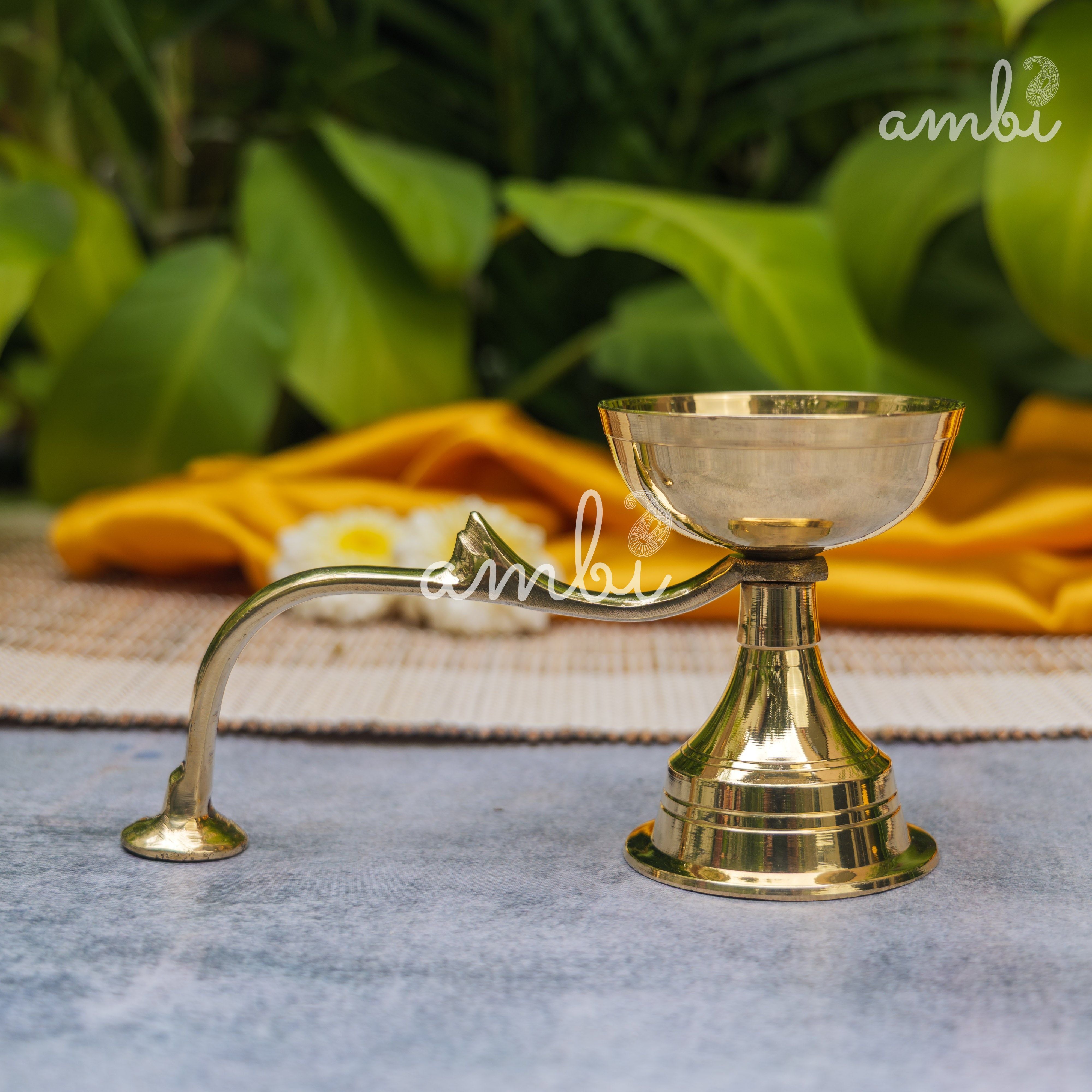Handcrafted Pure Brass Dhoop Aarti Diya with Handle — 6 Inches | Small |
