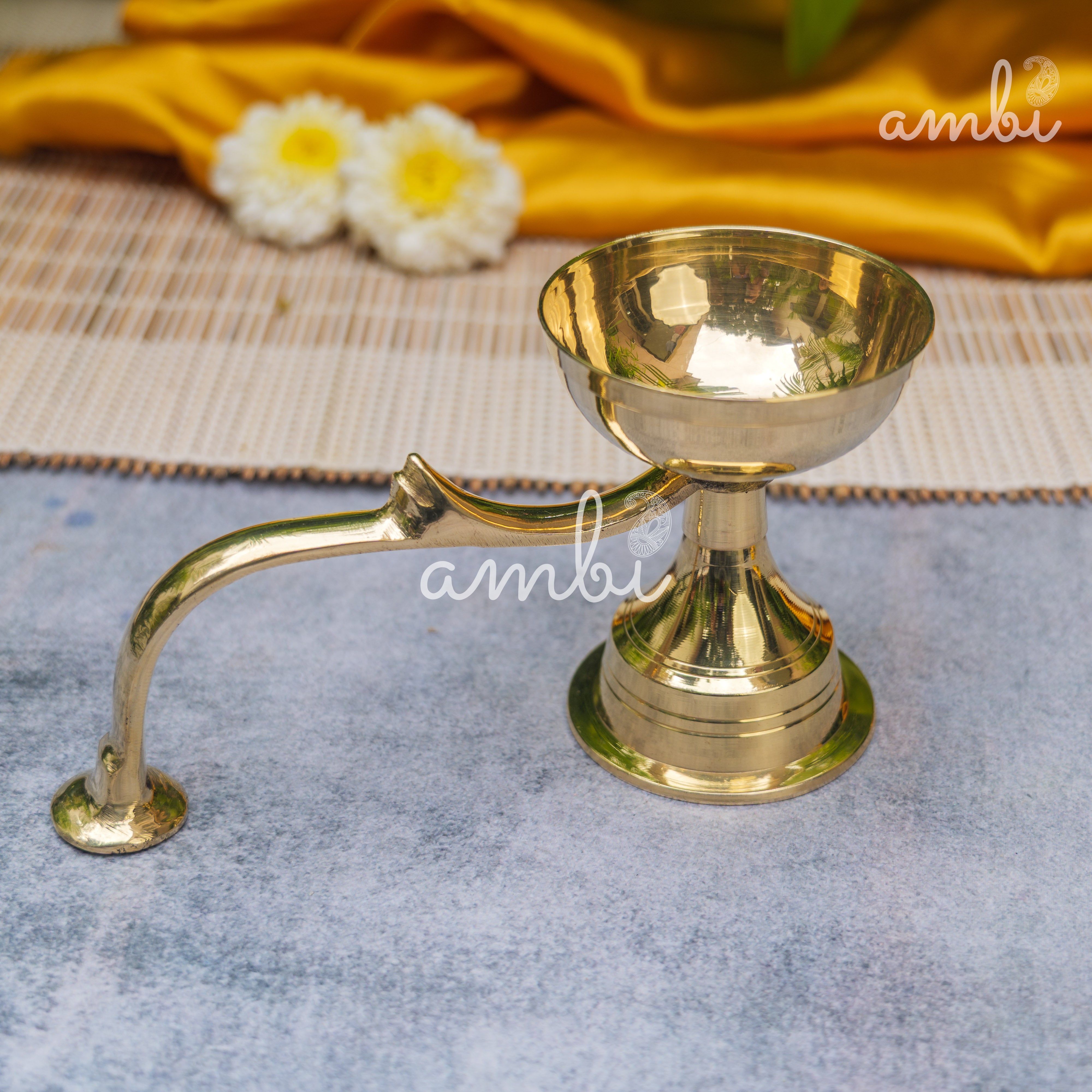 Handcrafted Pure Brass Dhoop Aarti Diya with Handle — 6 Inches | Small |