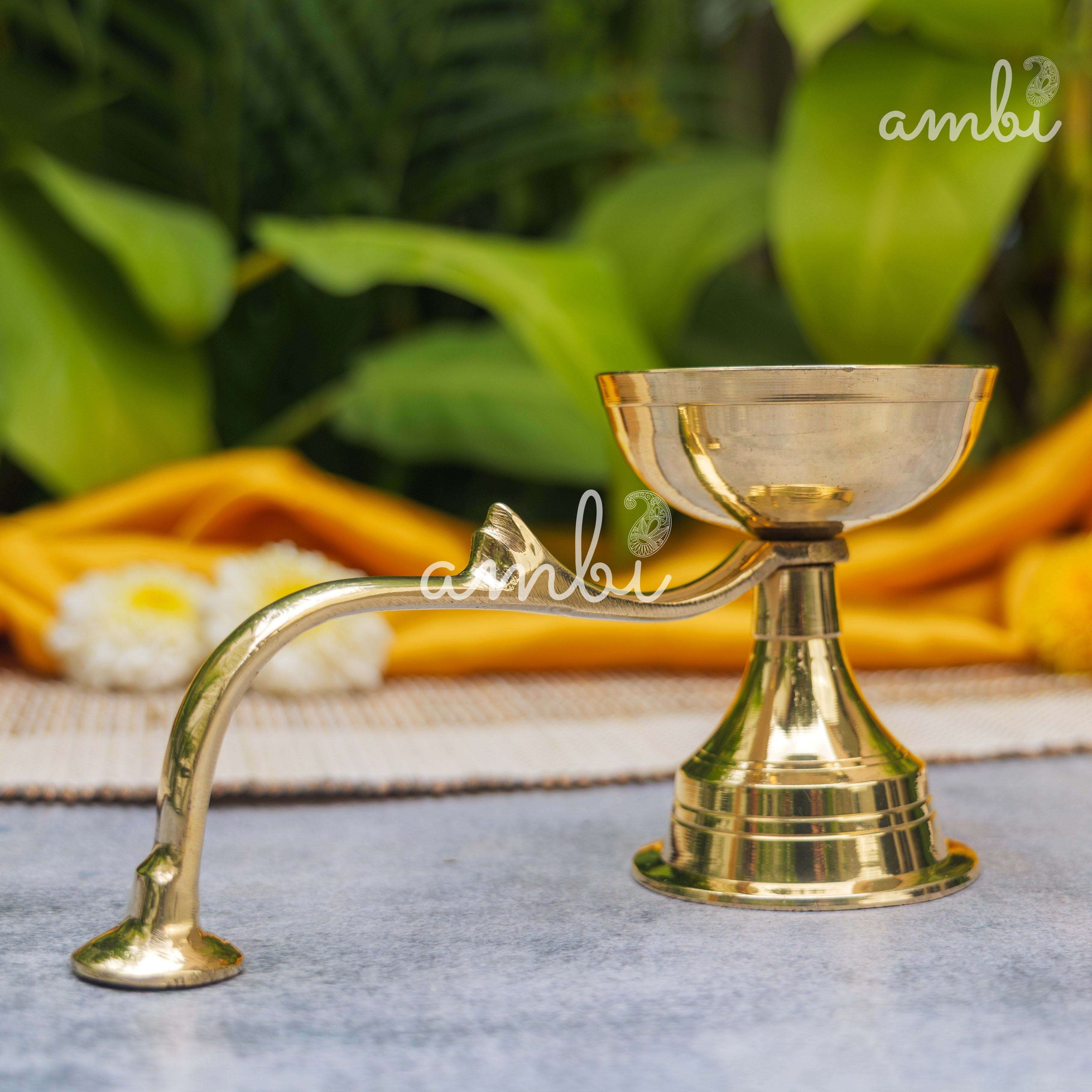 Handcrafted Pure Brass Dhoop Aarti Diya with Handle — 6 Inches | Small |