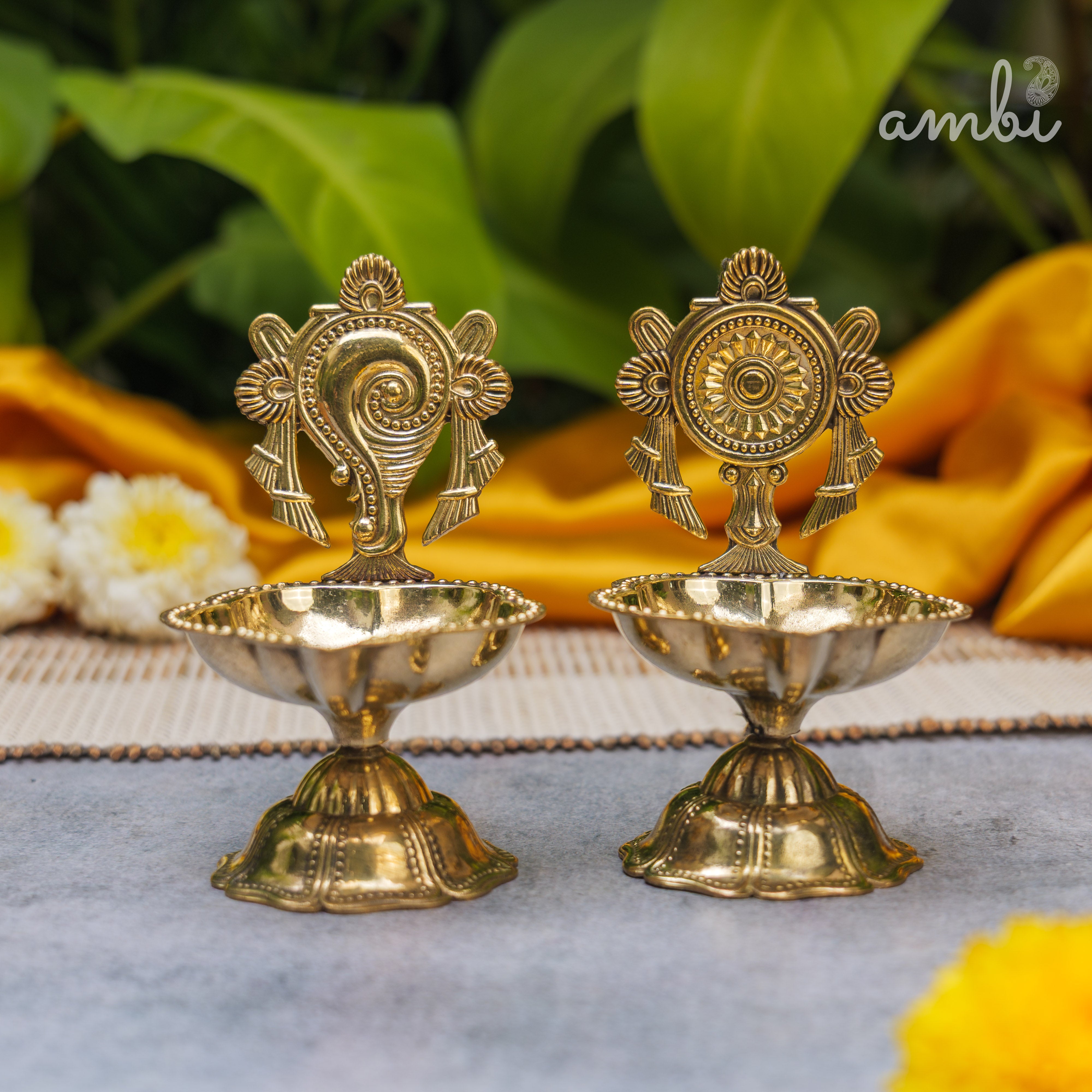 Pure Brass Diya Shankh & Chakra Designs - Set of 2 - 4 Inches height