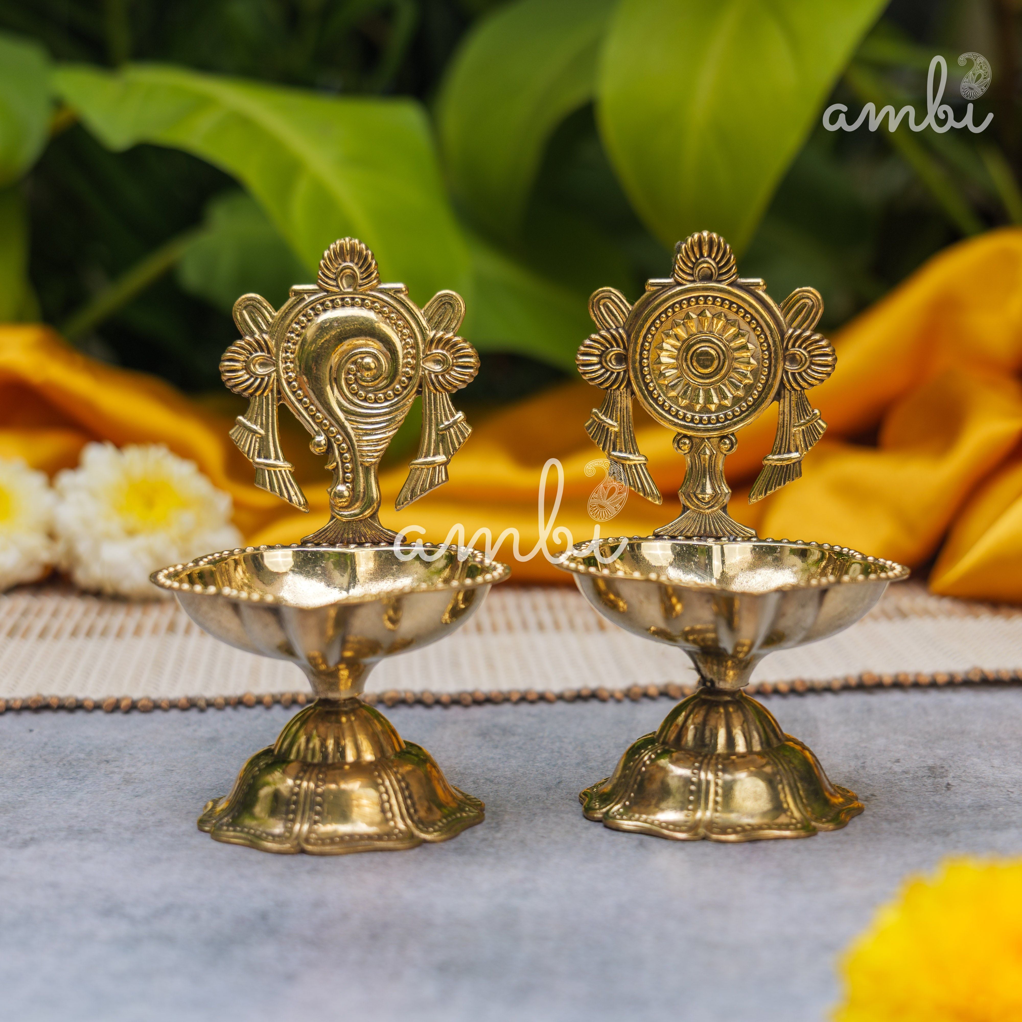 Pure Brass Diya Shankh & Chakra Designs - Set of 2 - 4 Inches height