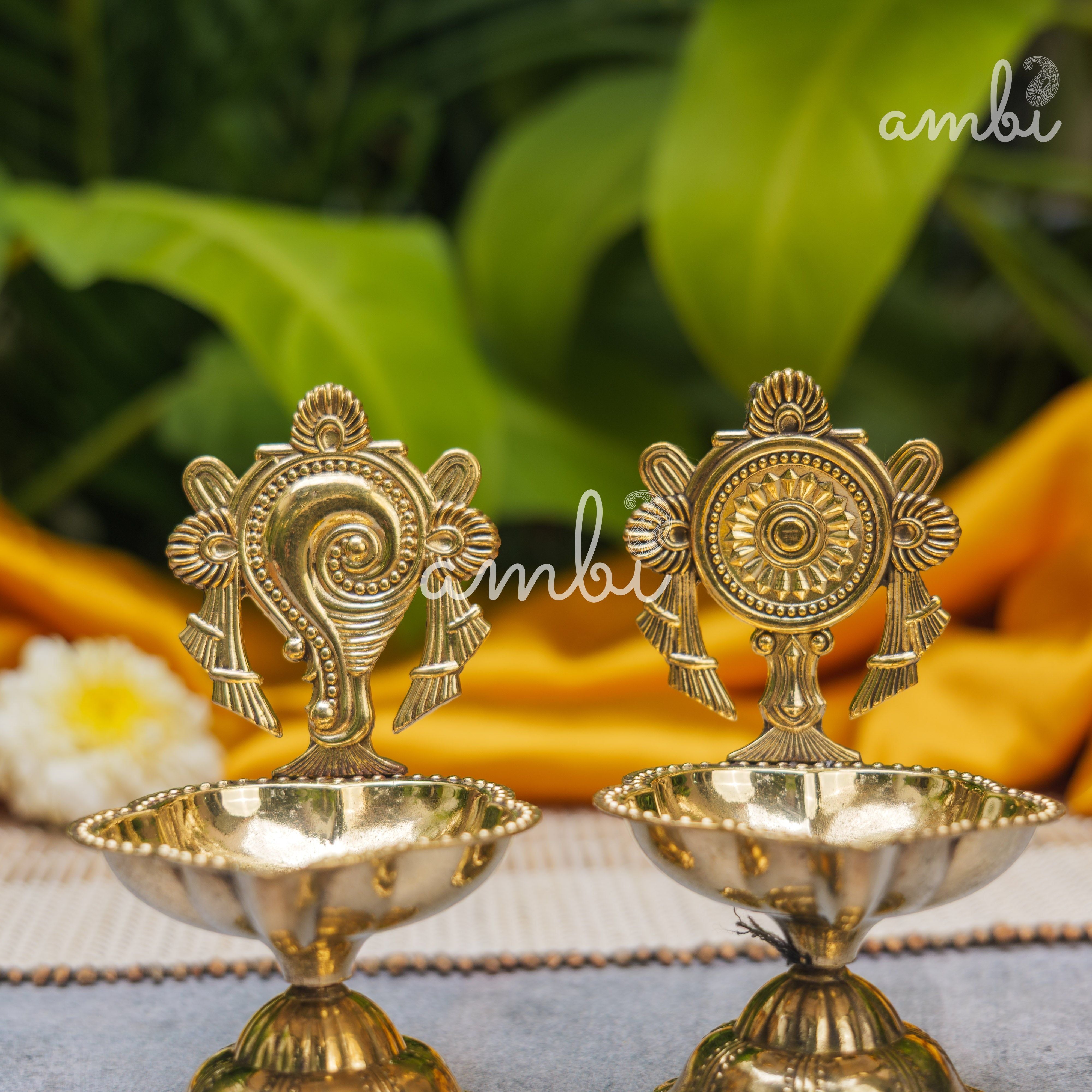 Pure Brass Diya Shankh & Chakra Designs - Set of 2 - 4 Inches height