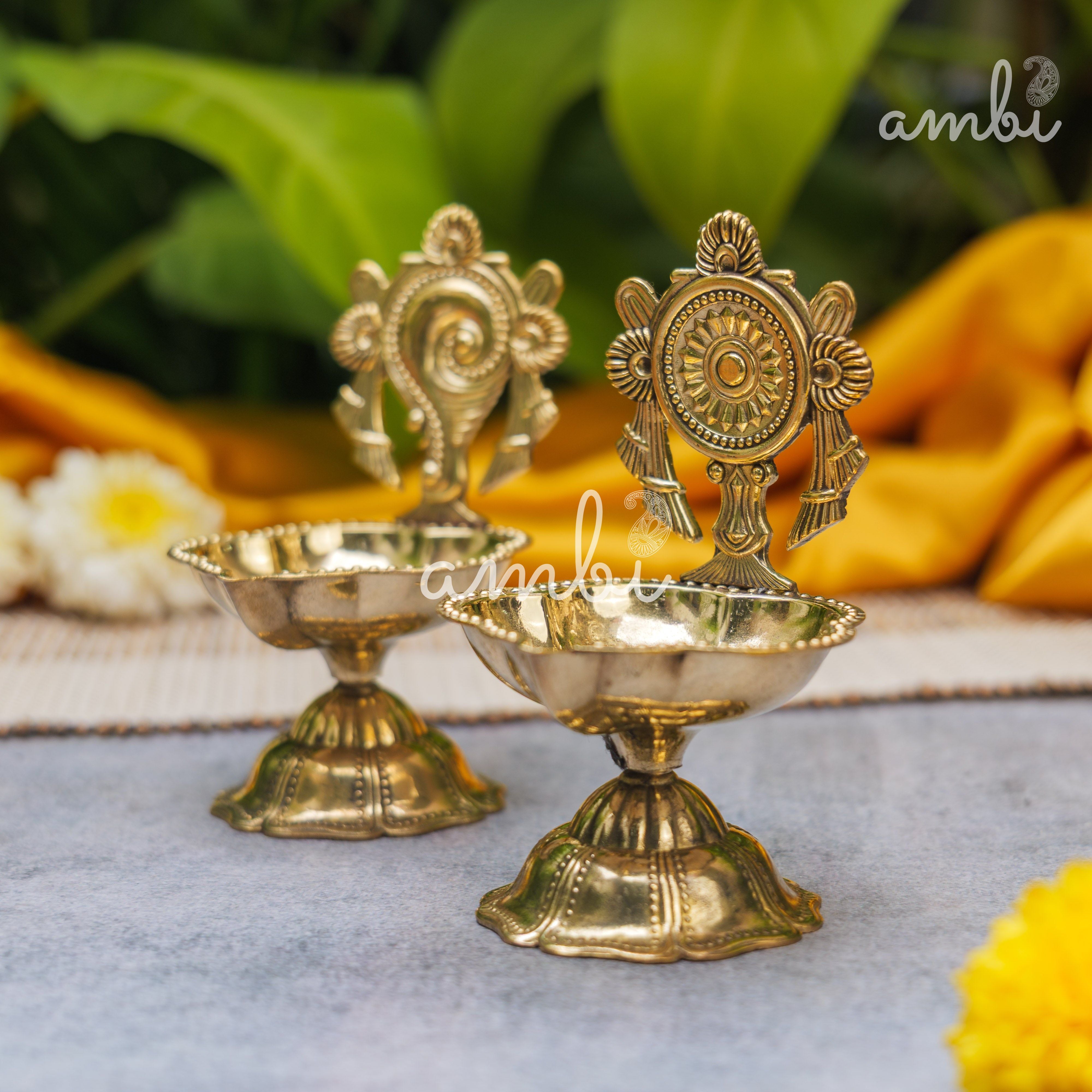 Pure Brass Diya Shankh & Chakra Designs - Set of 2 - 4 Inches height