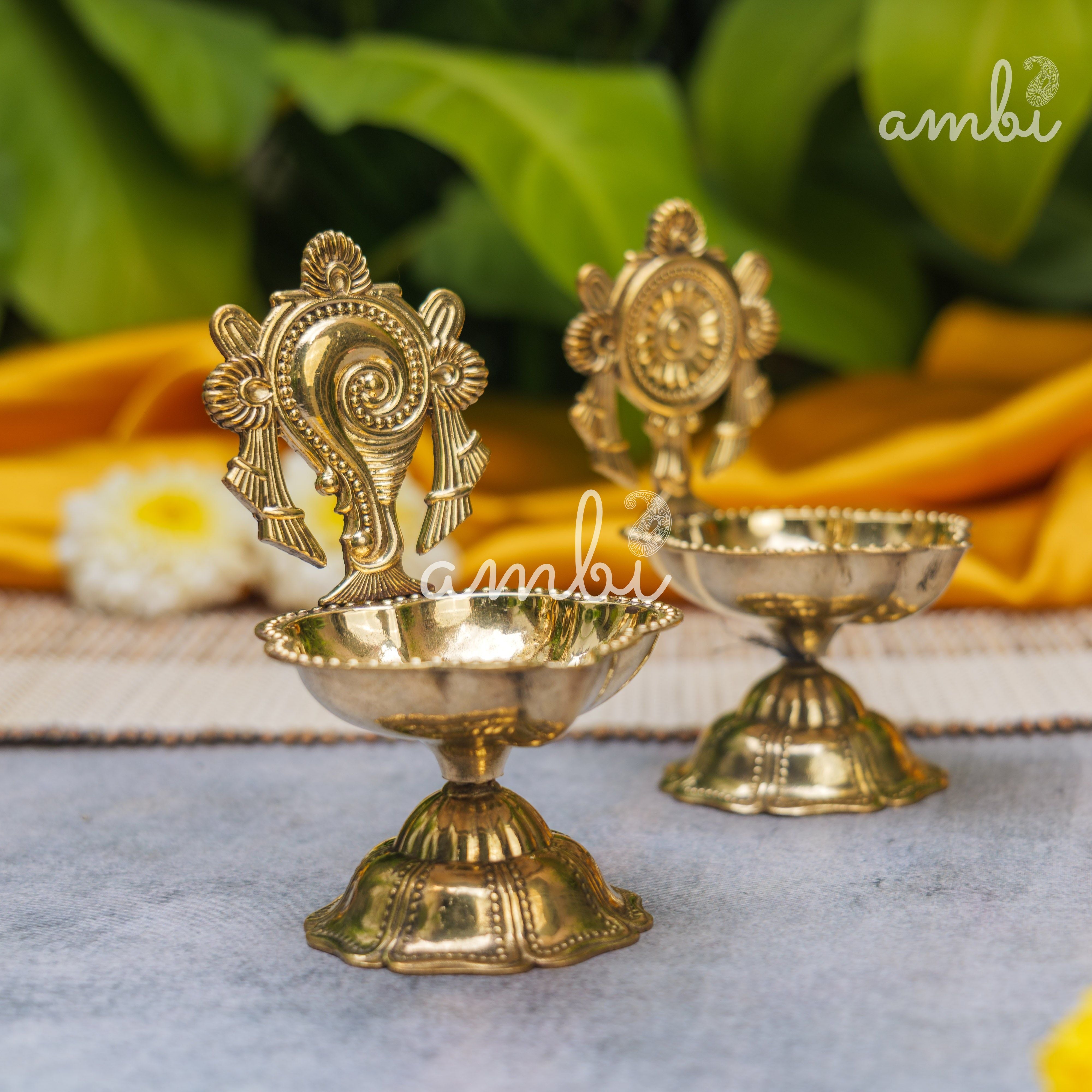 Pure Brass Diya Shankh & Chakra Designs - Set of 2 - 4 Inches height