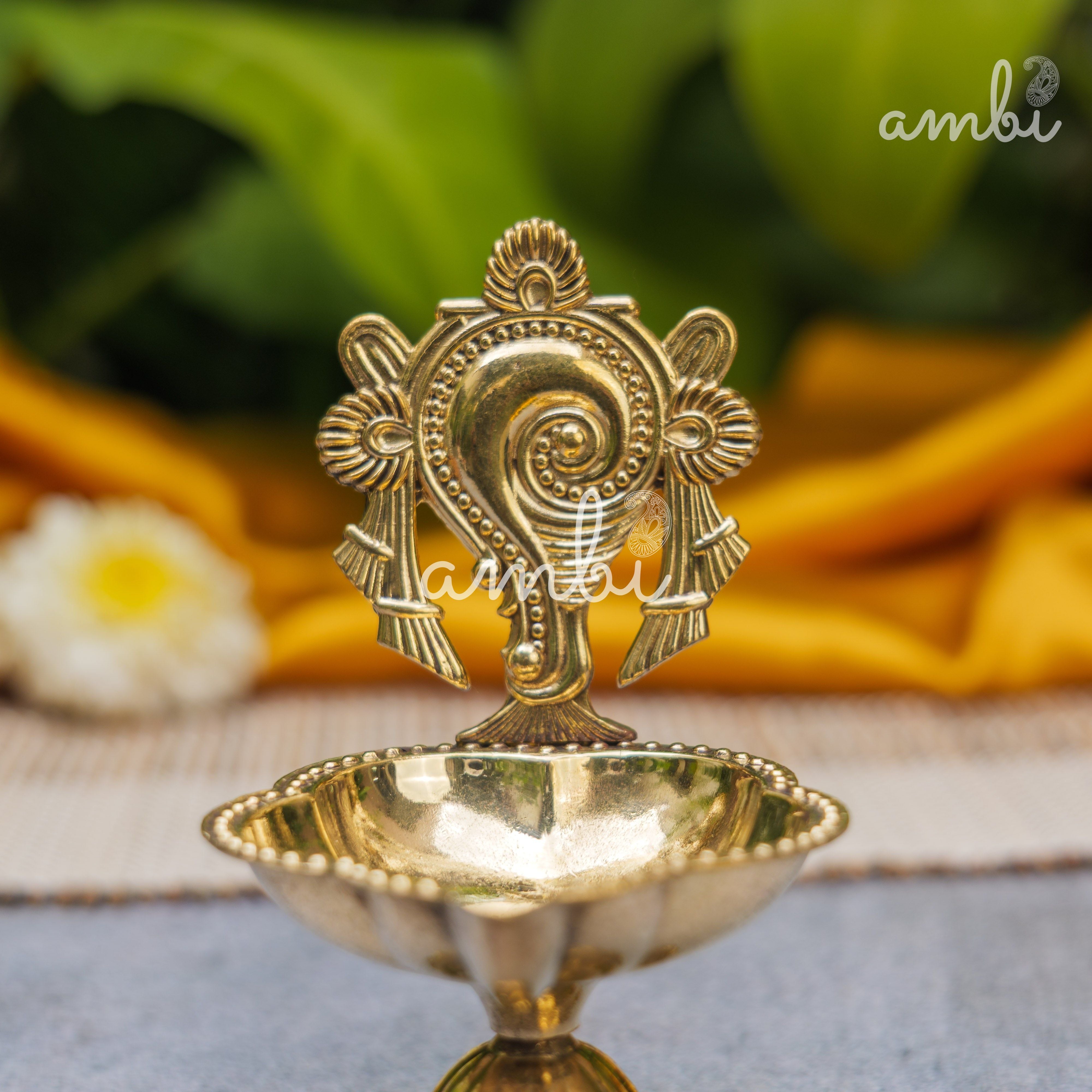 Pure Brass Diya Shankh & Chakra Designs - Set of 2 - 4 Inches height