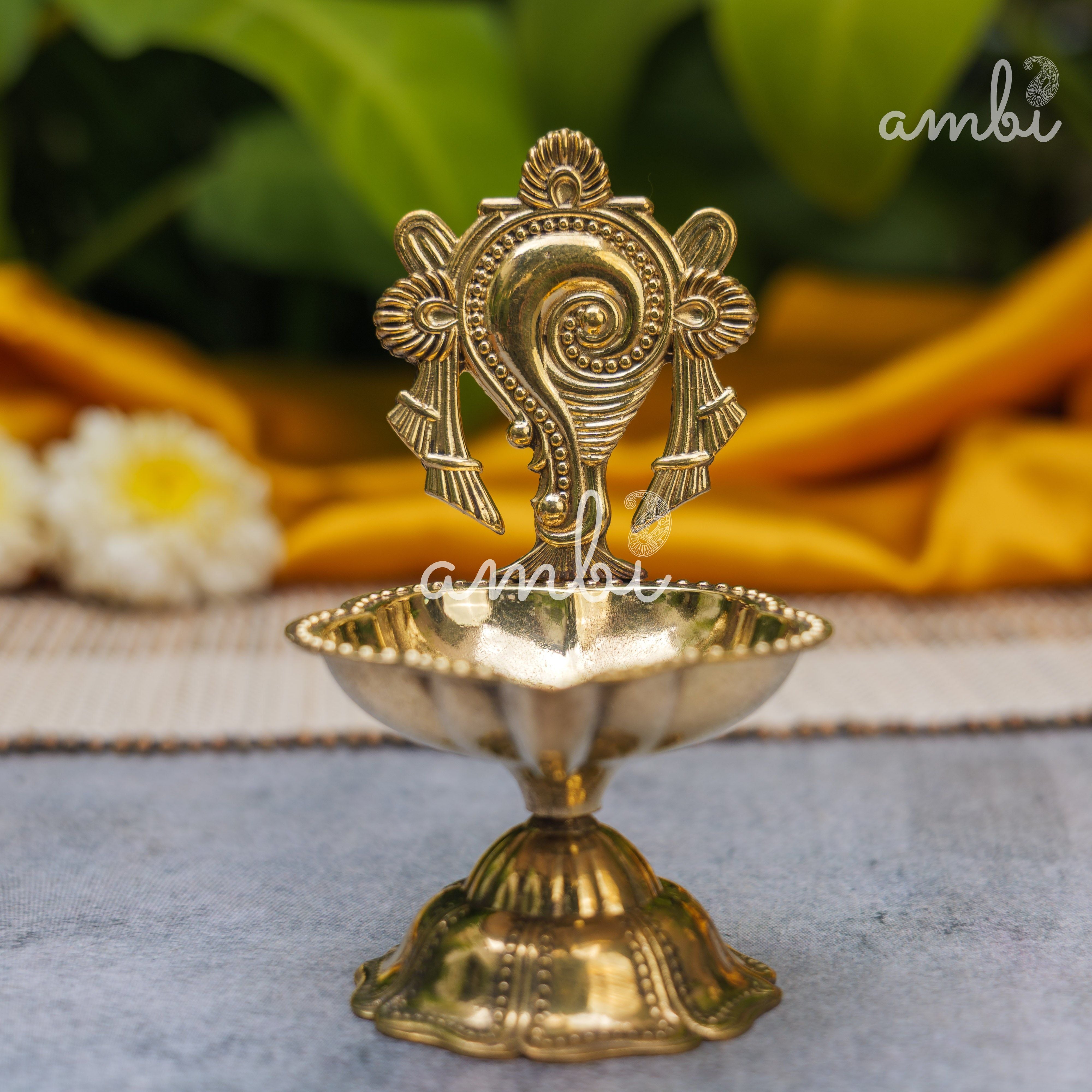Pure Brass Diya Shankh & Chakra Designs - Set of 2 - 4 Inches height