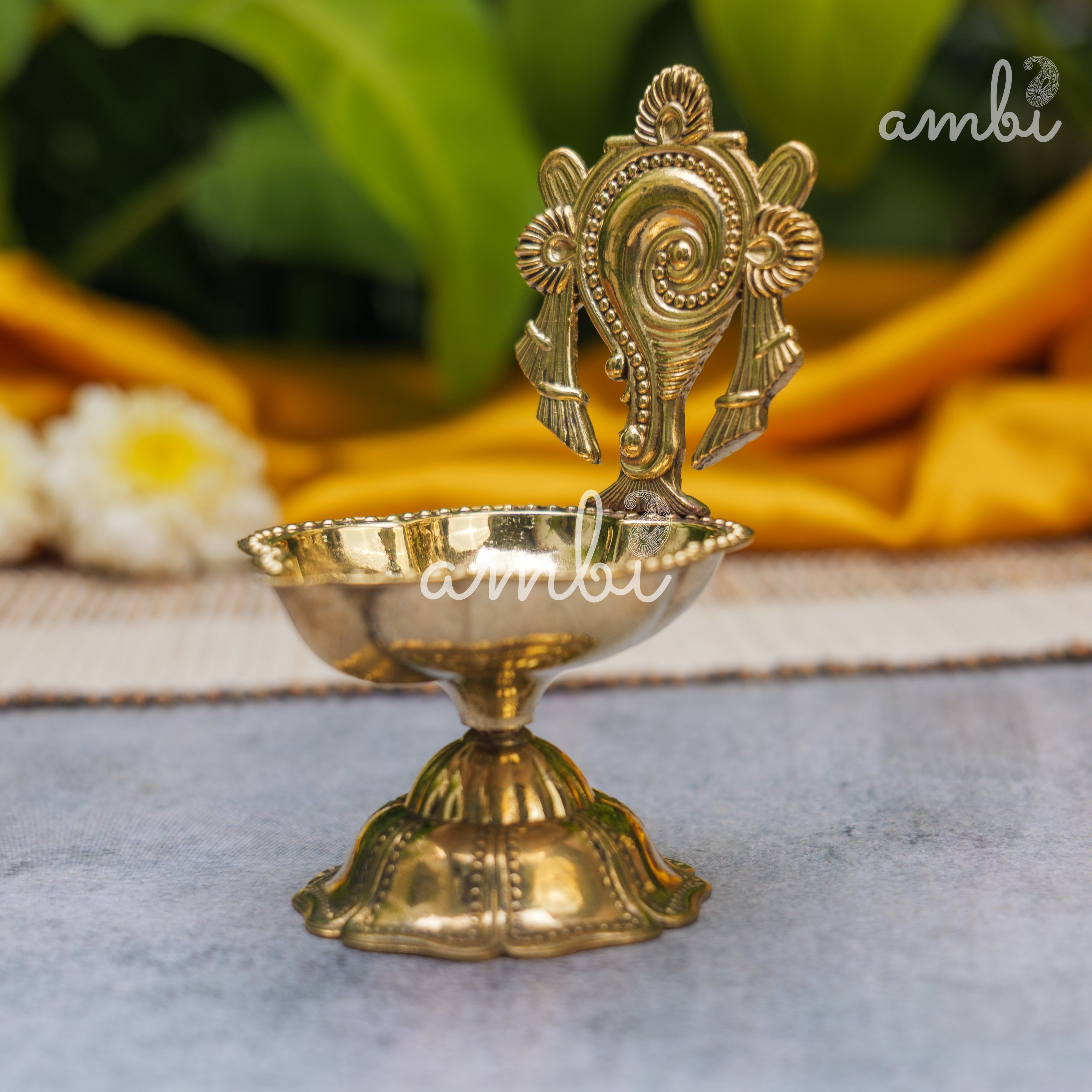 Pure Brass Diya Shankh & Chakra Designs - Set of 2 - 4 Inches height