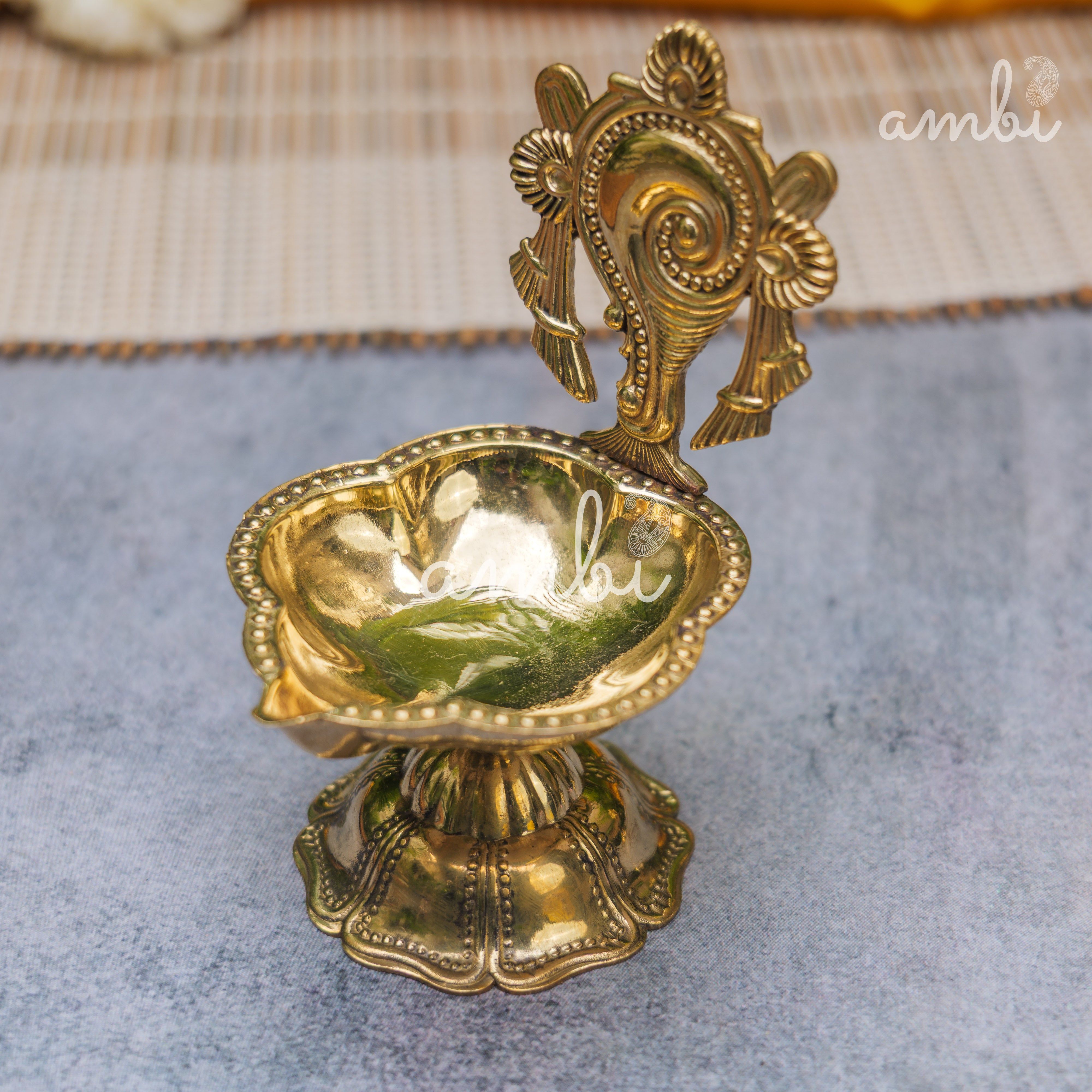 Pure Brass Diya Shankh & Chakra Designs - Set of 2 - 4 Inches height