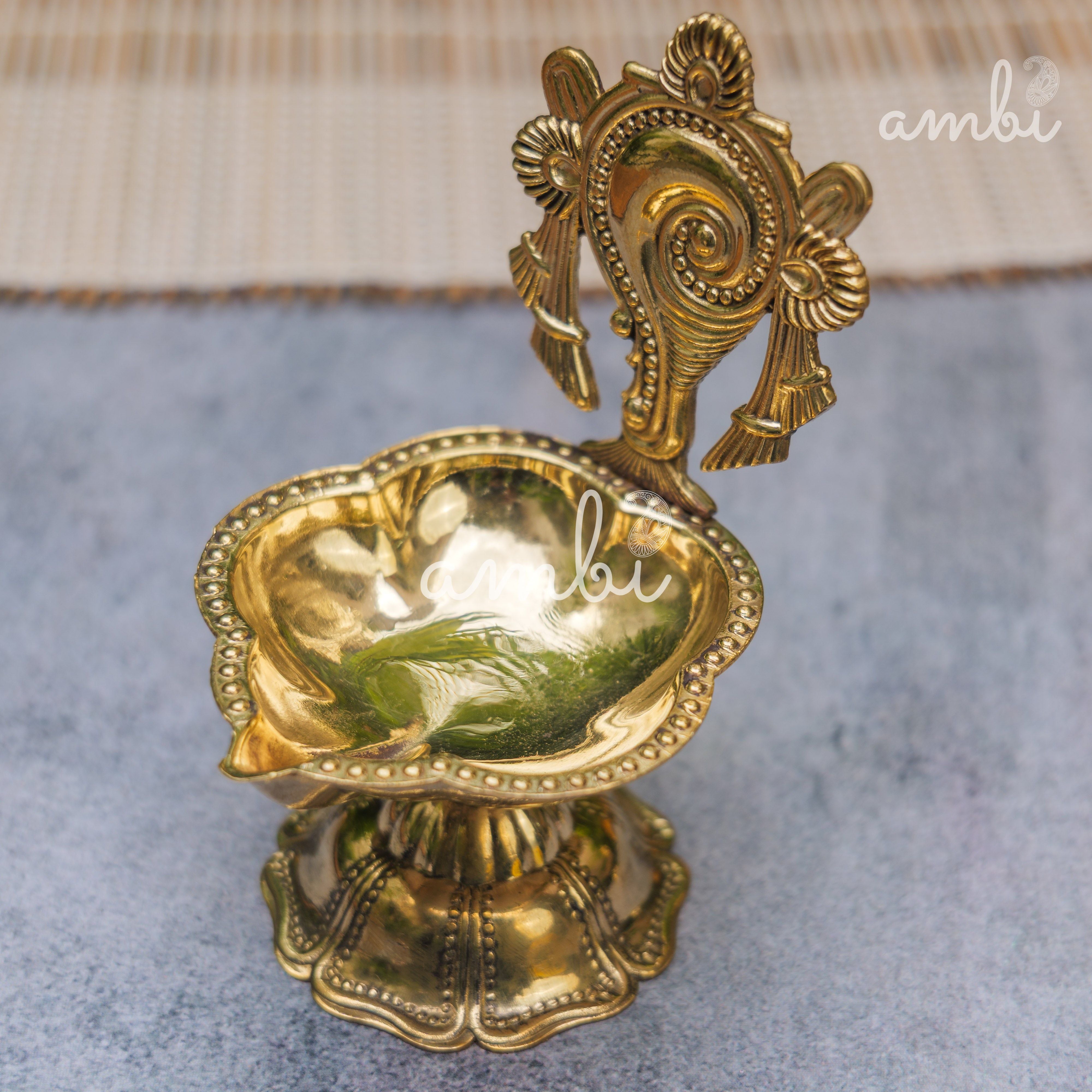 Pure Brass Diya Shankh & Chakra Designs - Set of 2 - 4 Inches height