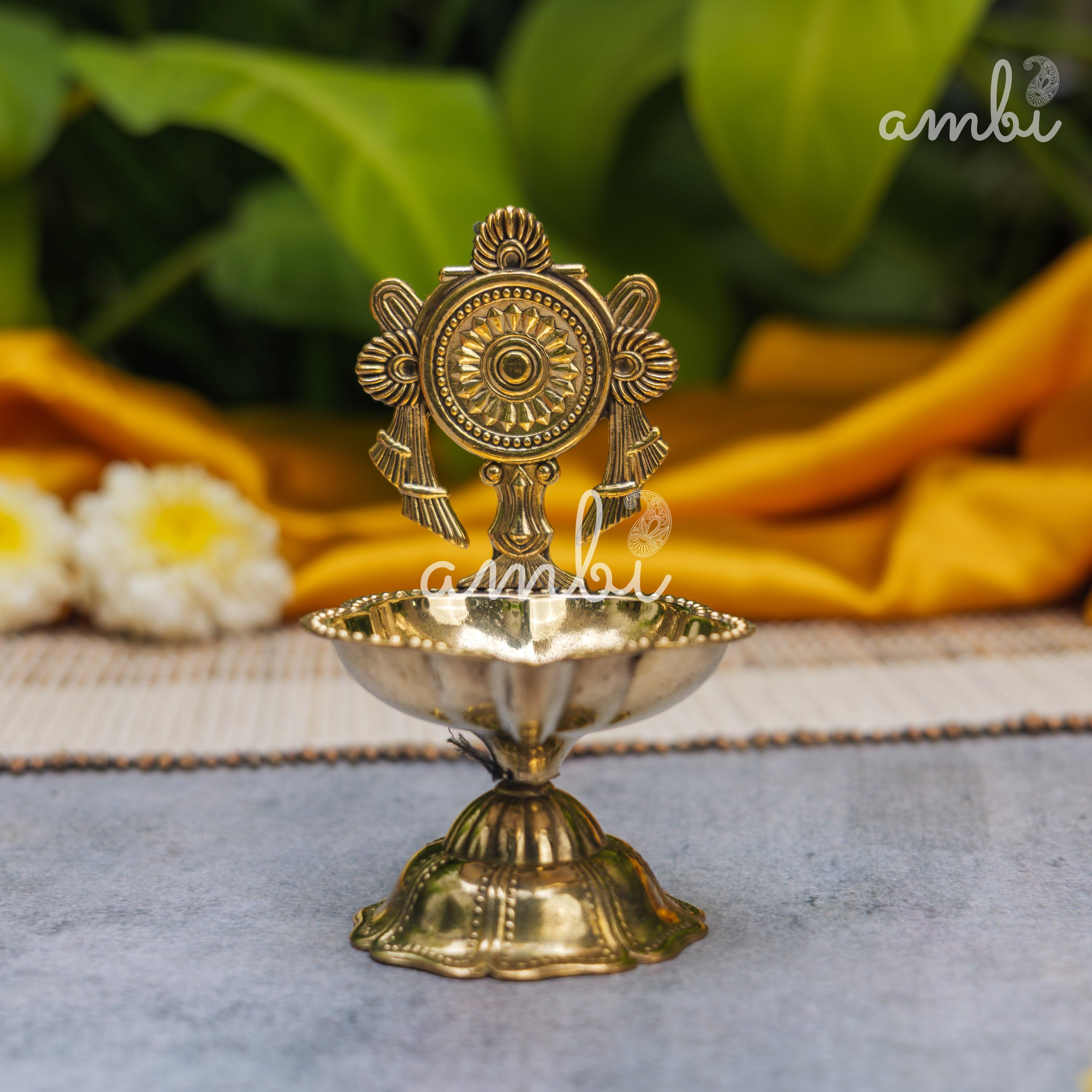 Pure Brass Diya Shankh & Chakra Designs - Set of 2 - 4 Inches height