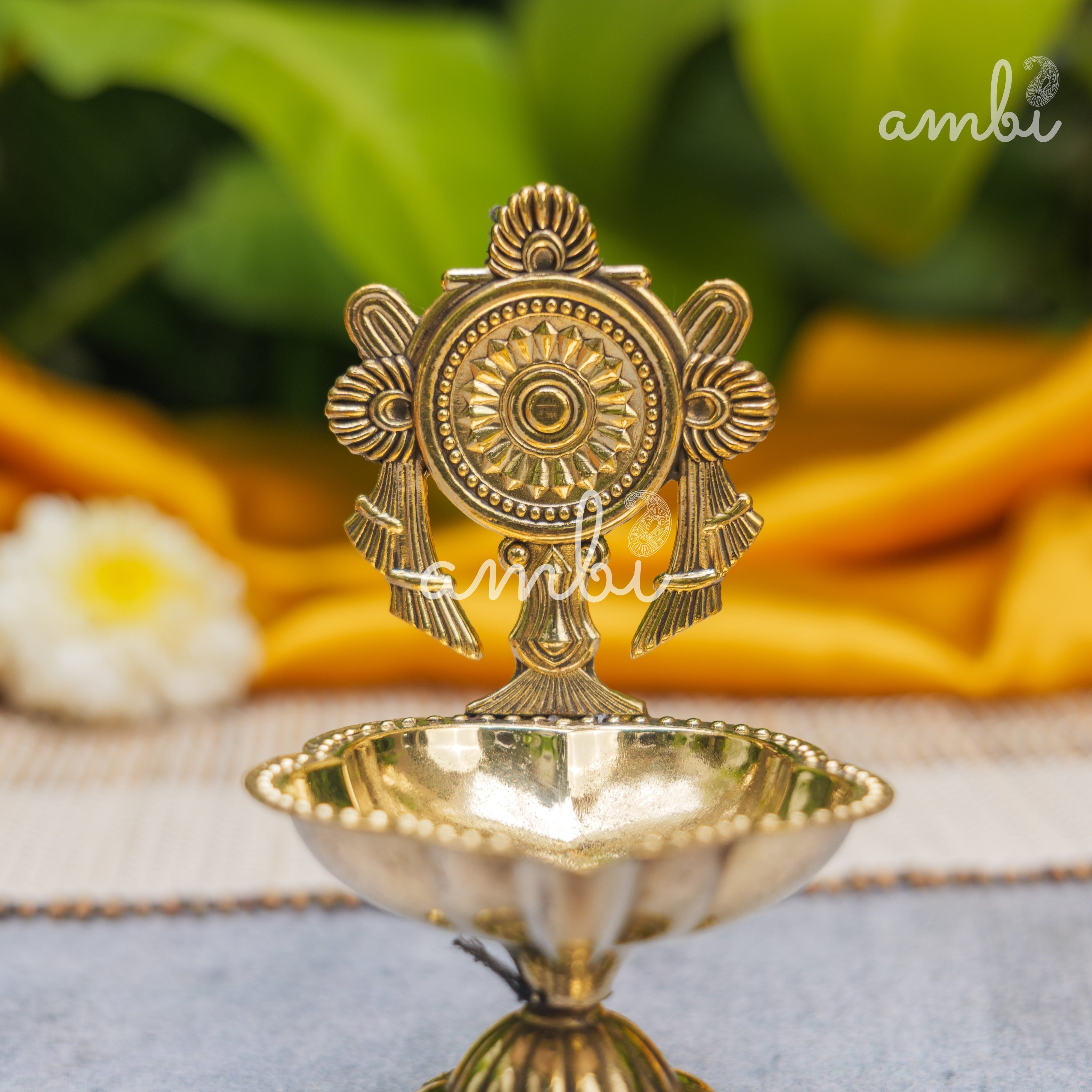 Pure Brass Diya Shankh & Chakra Designs - Set of 2 - 4 Inches height