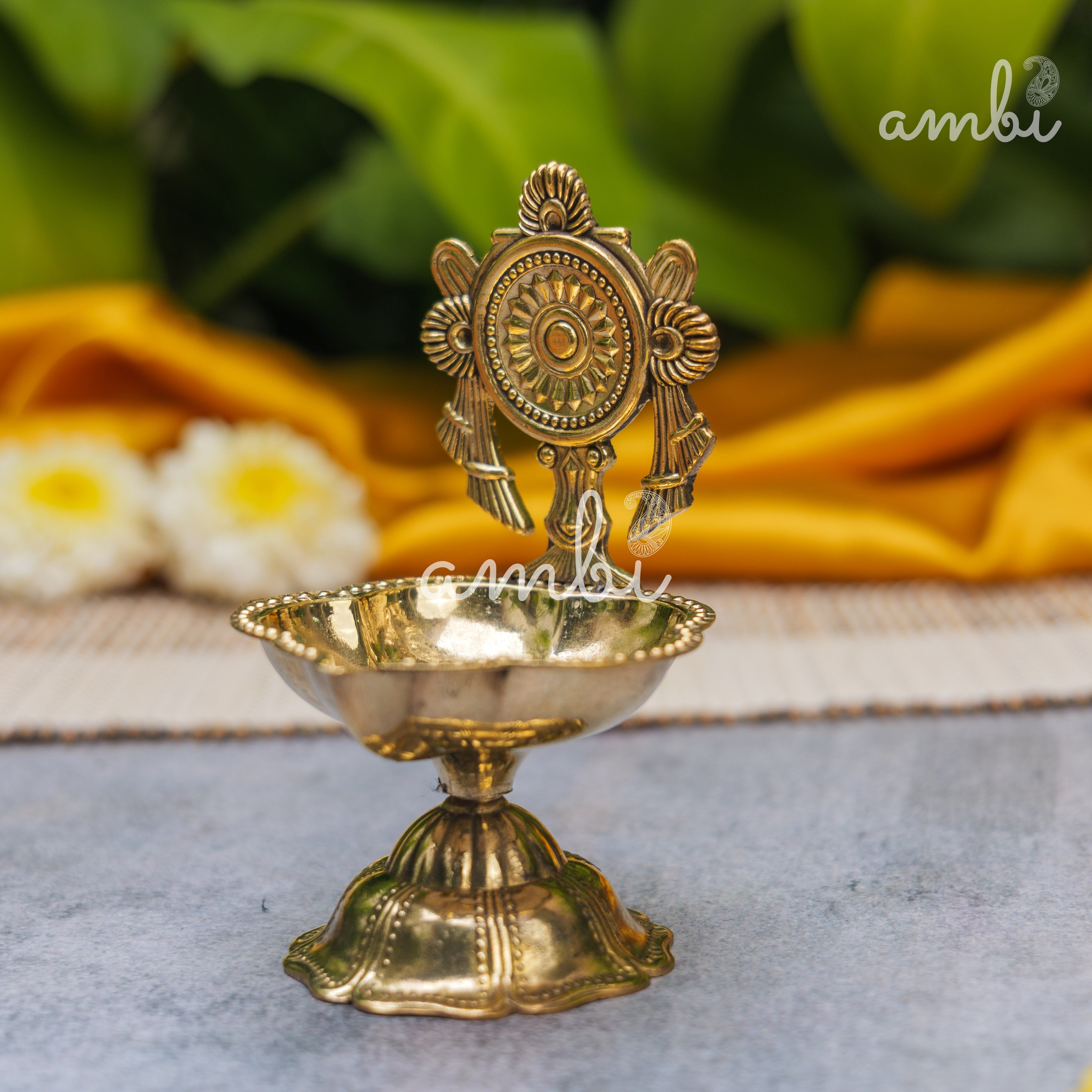 Pure Brass Diya Shankh & Chakra Designs - Set of 2 - 4 Inches height