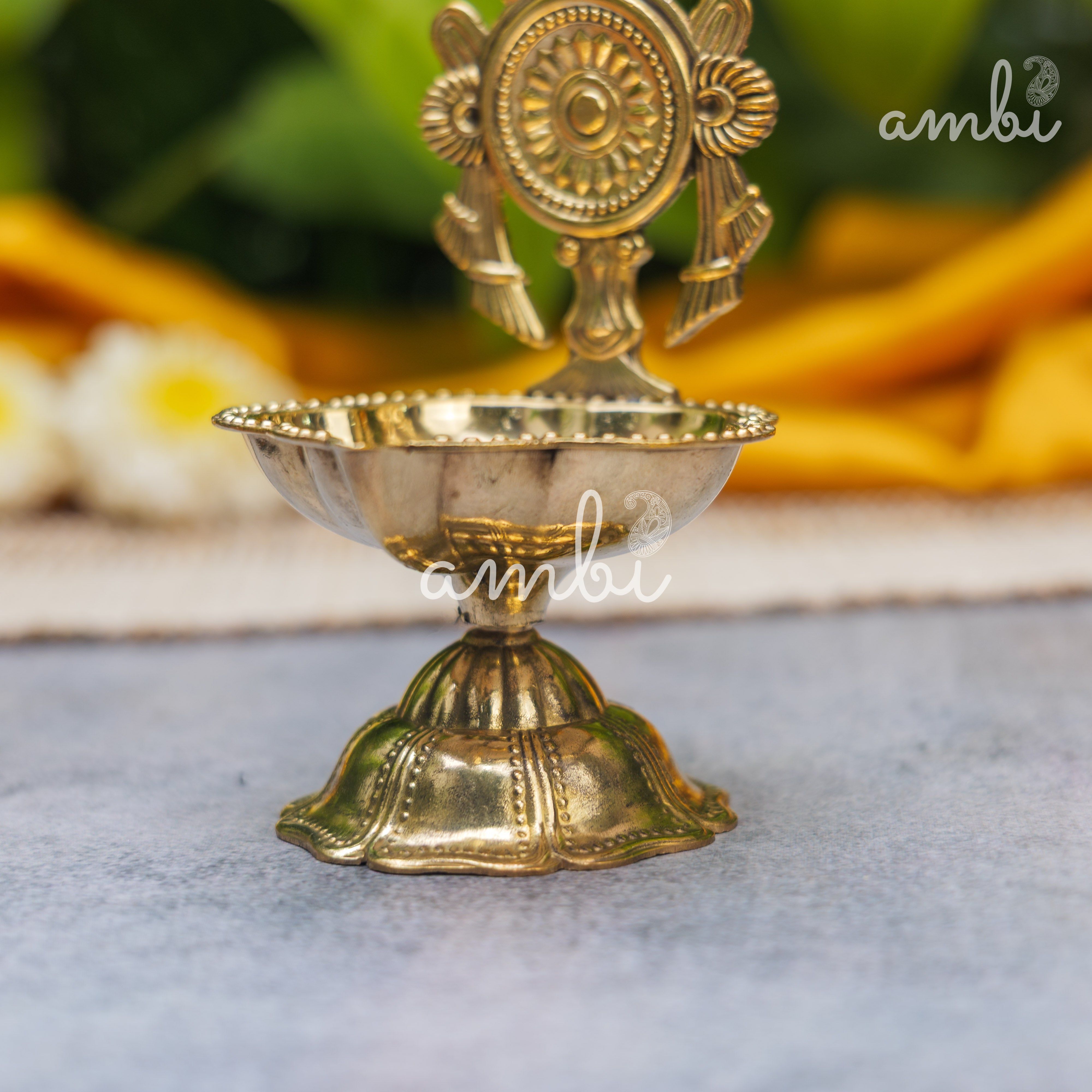 Pure Brass Diya Shankh & Chakra Designs - Set of 2 - 4 Inches height
