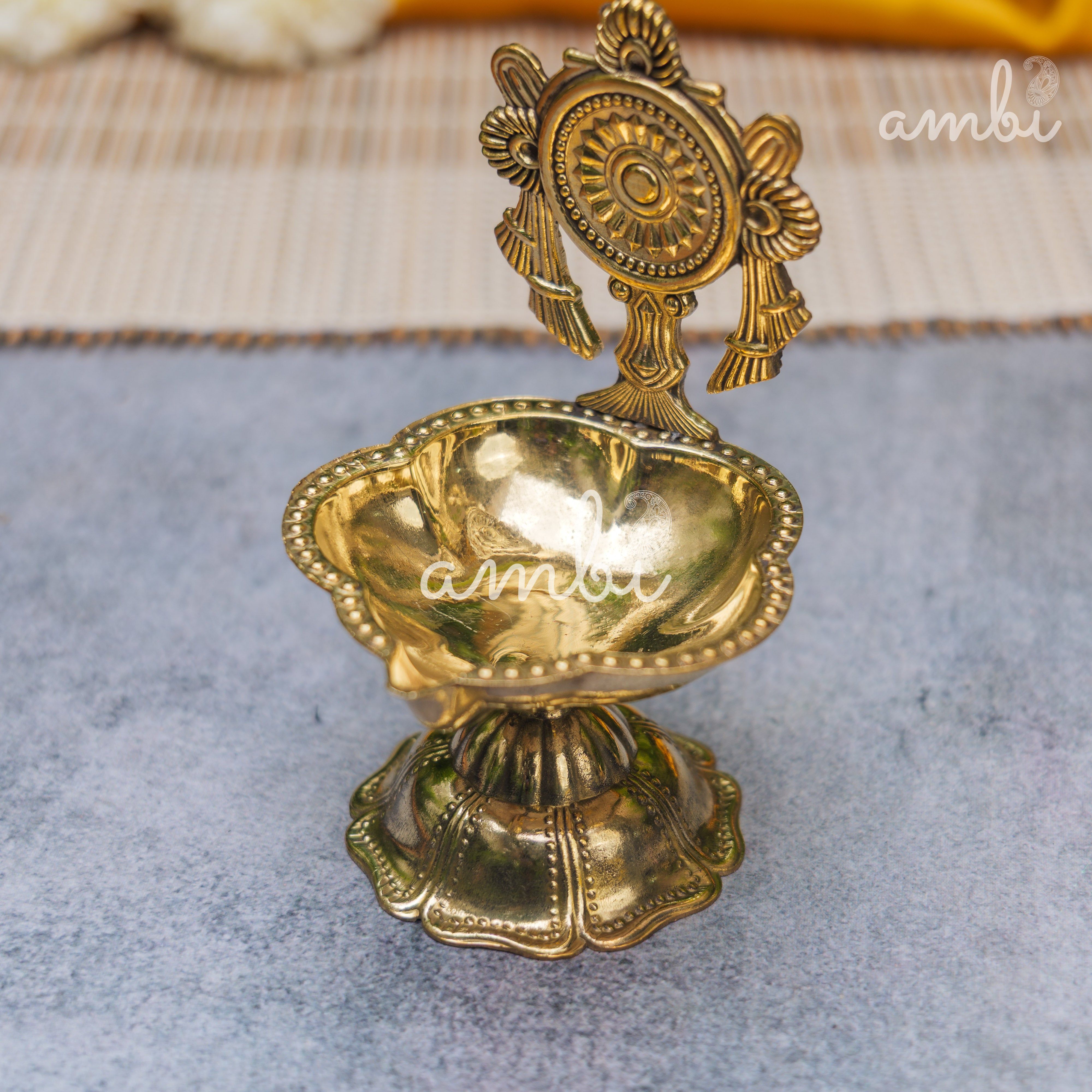 Pure Brass Diya Shankh & Chakra Designs - Set of 2 - 4 Inches height