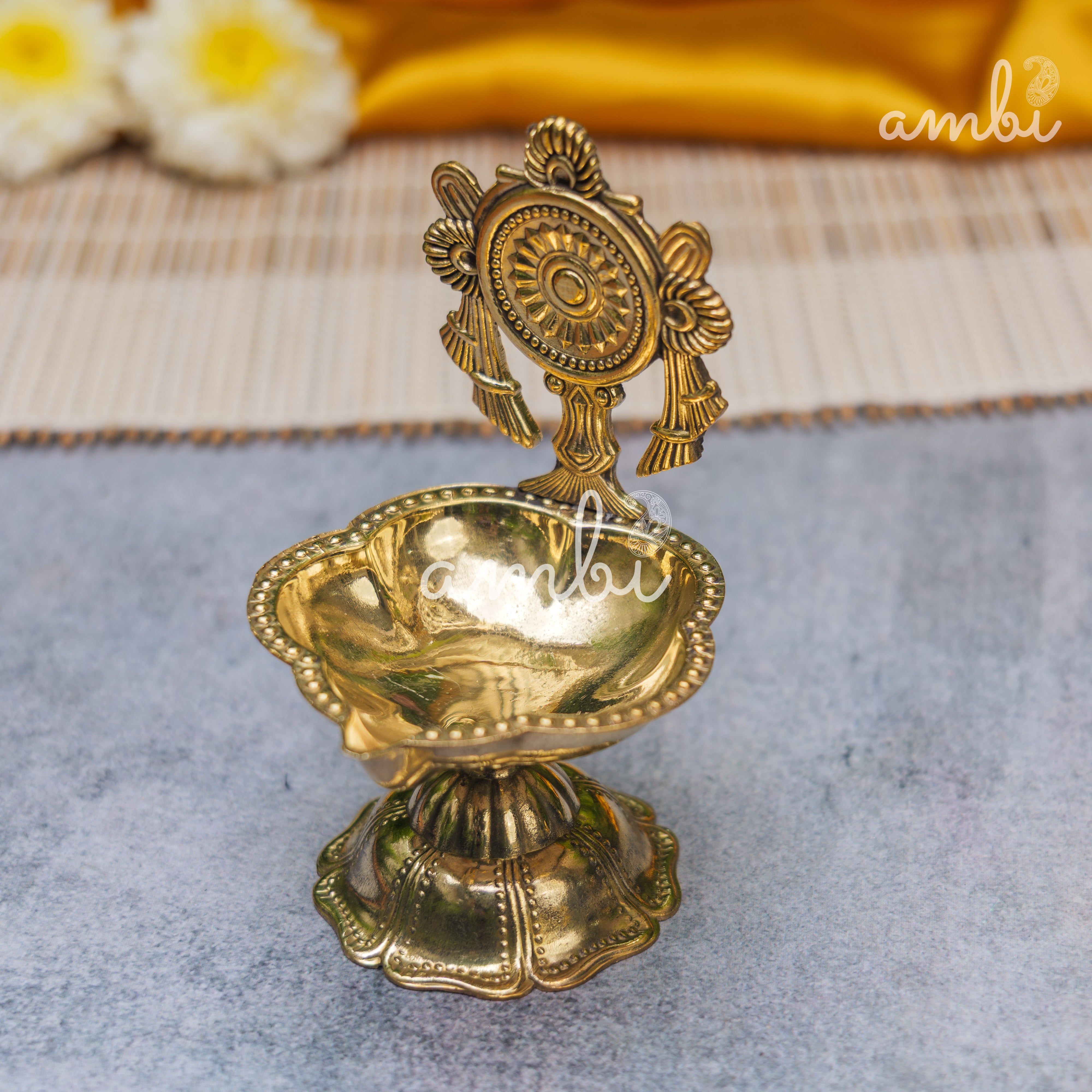 Pure Brass Diya Shankh & Chakra Designs - Set of 2 - 4 Inches height