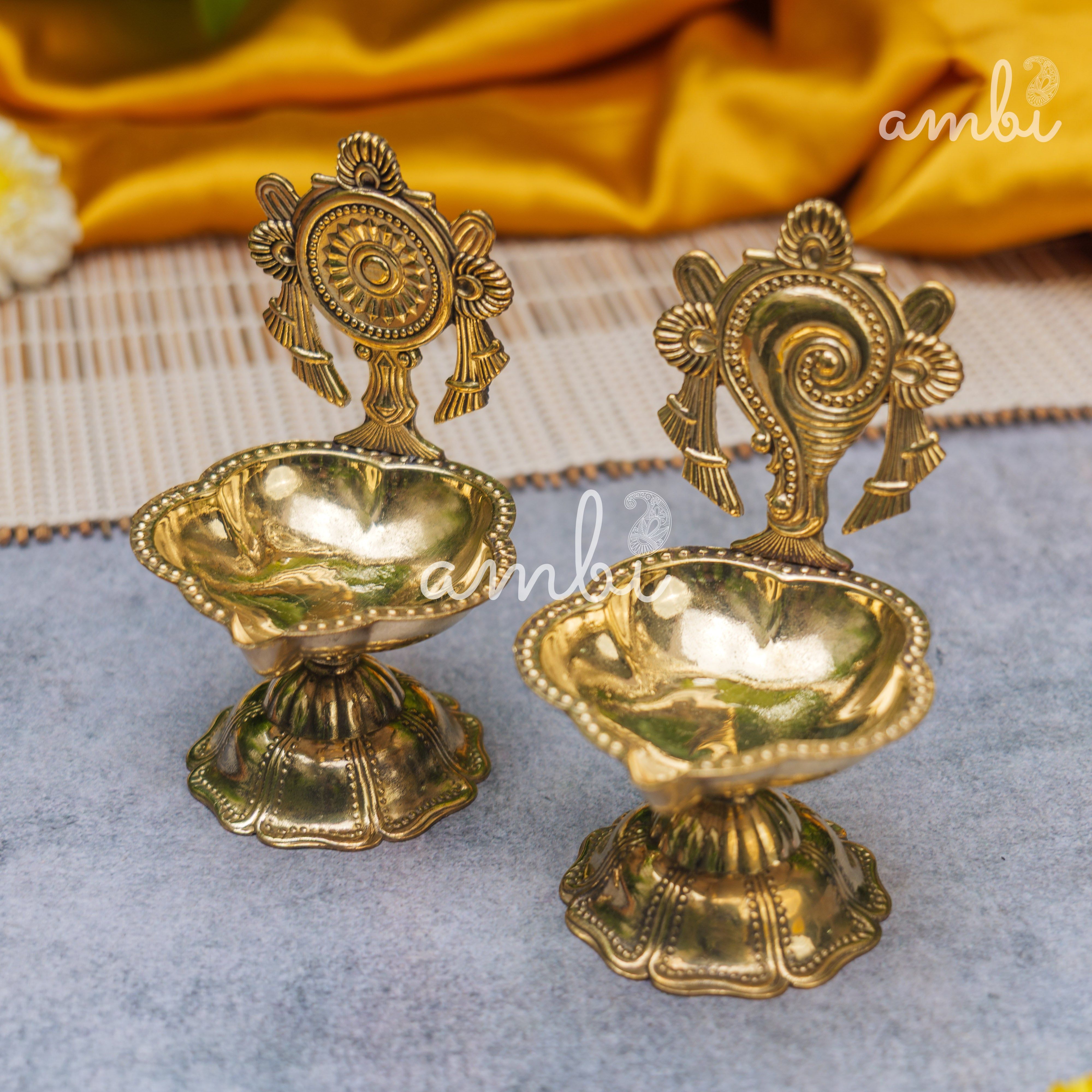 Pure Brass Diya Shankh & Chakra Designs - Set of 2 - 4 Inches height