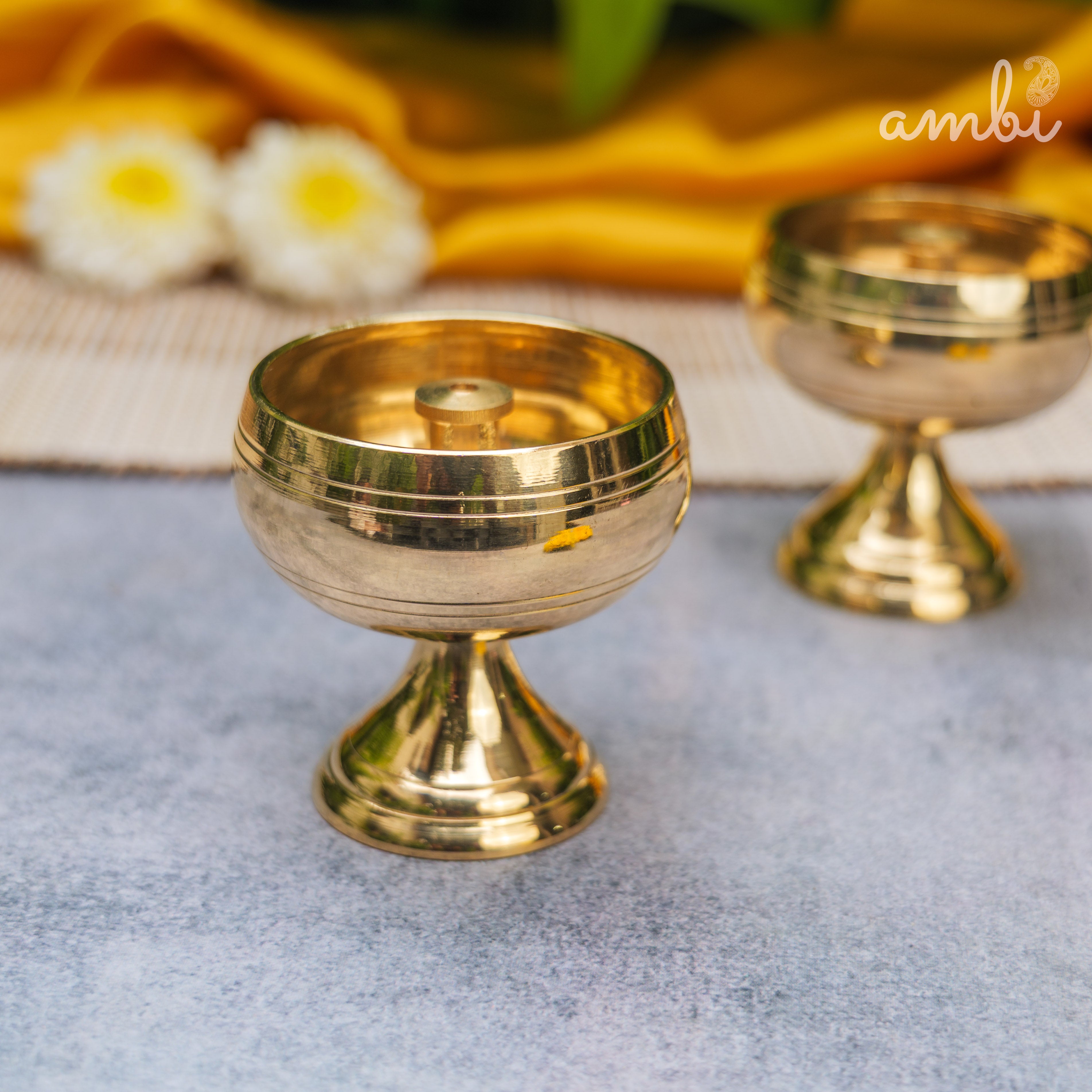 Pure Brass Round Diya - Set of 2 - 2.4 Inch height