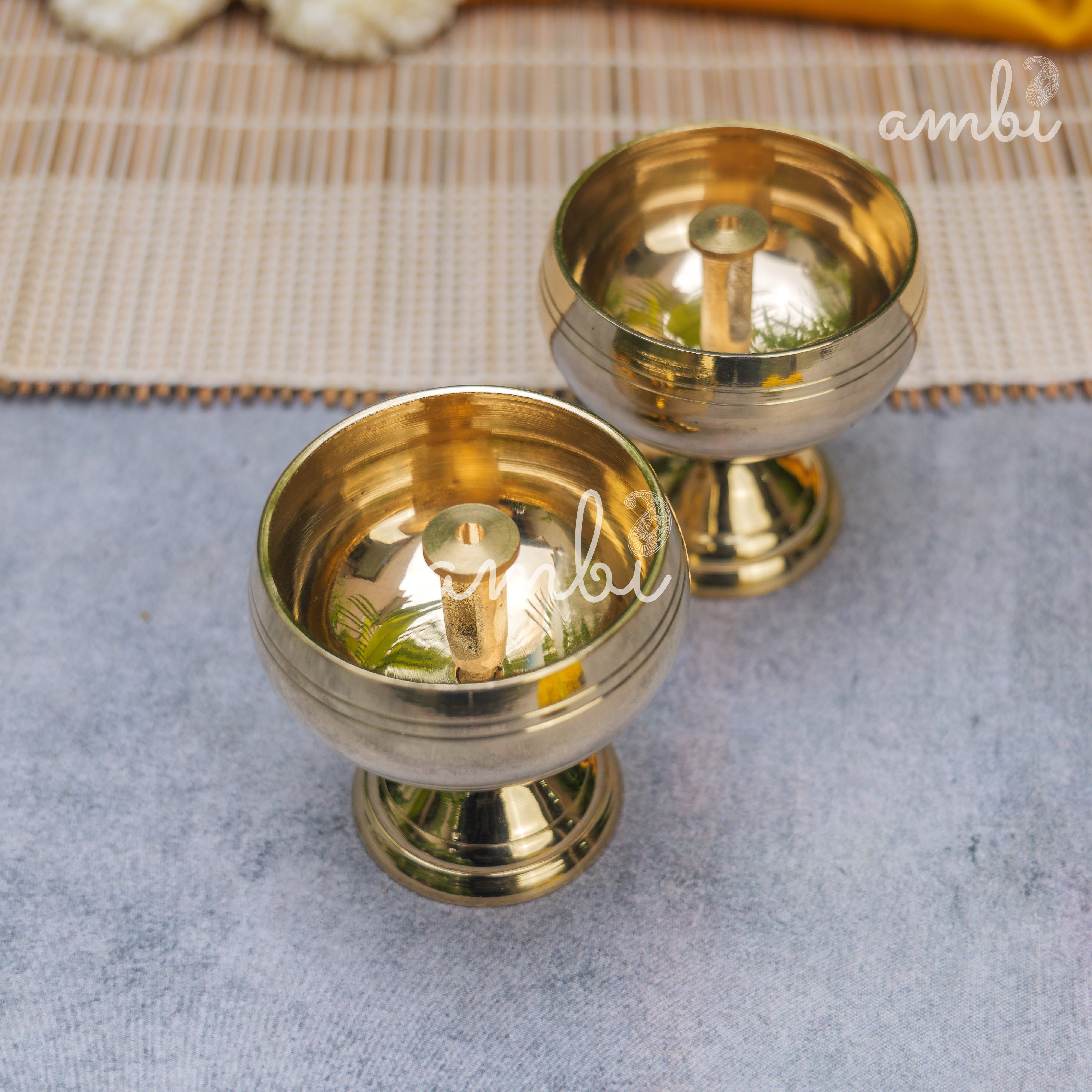 Pure Brass Round Diya - Set of 2 - 2.4 Inch height