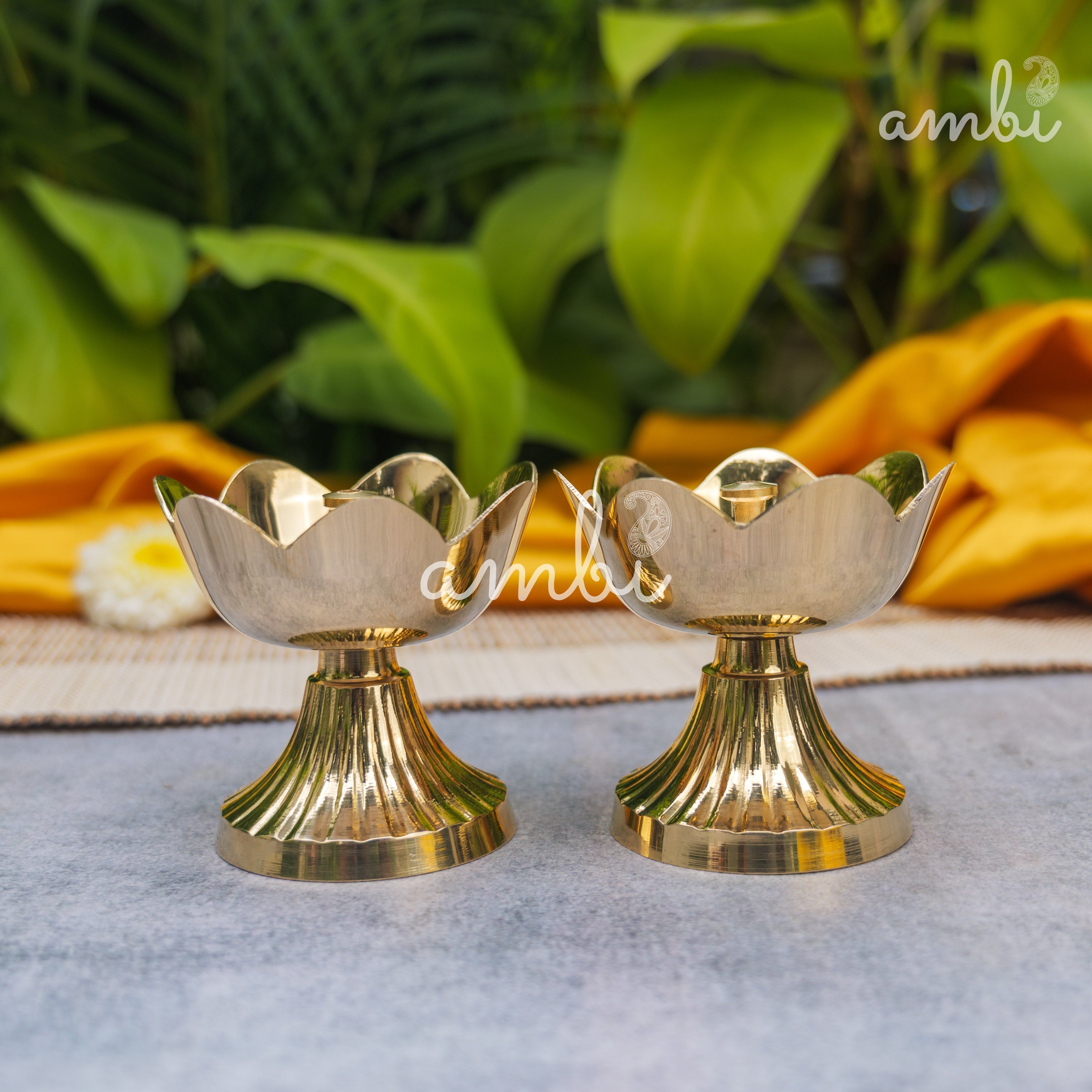 Handcrafted Pure Brass Kamal Lotus Diya — Set of 2 | 3.75 Inch | Ambi