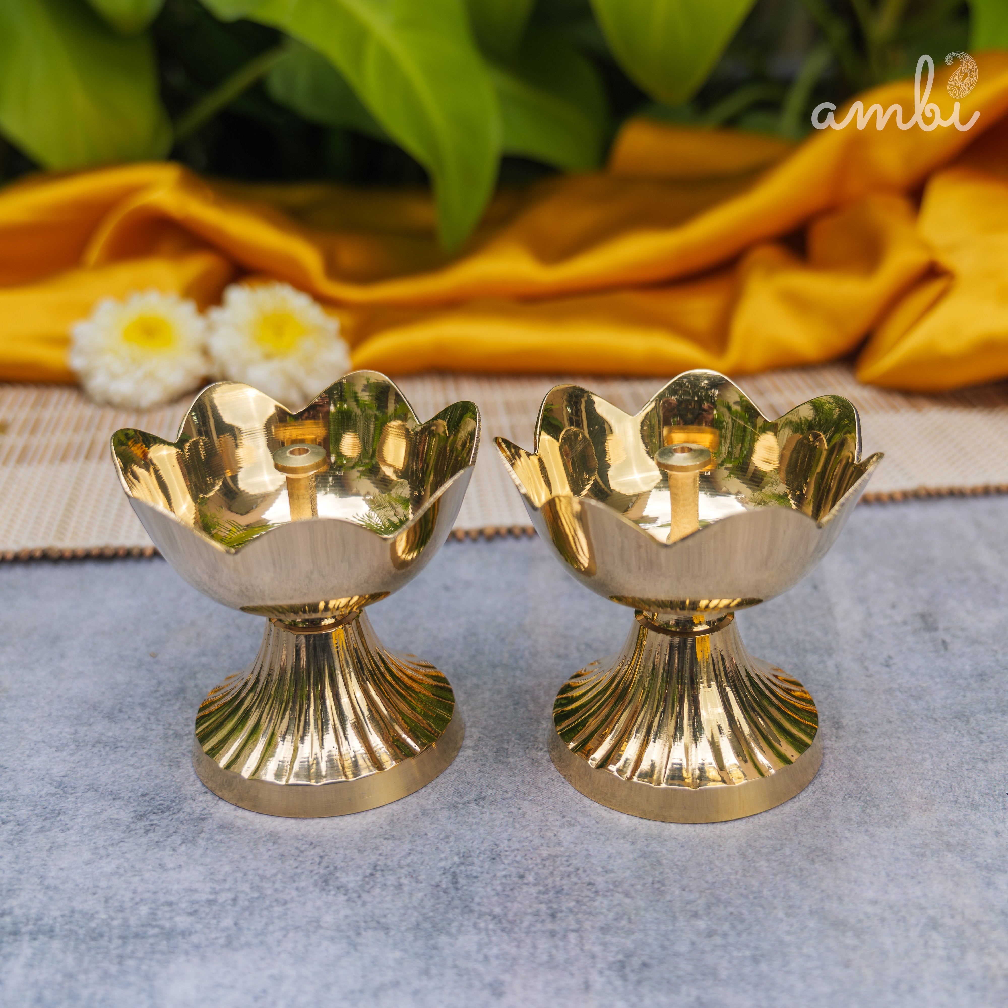 Handcrafted Pure Brass Kamal Lotus Diya — Set of 2 | 3.75 Inch | Ambi