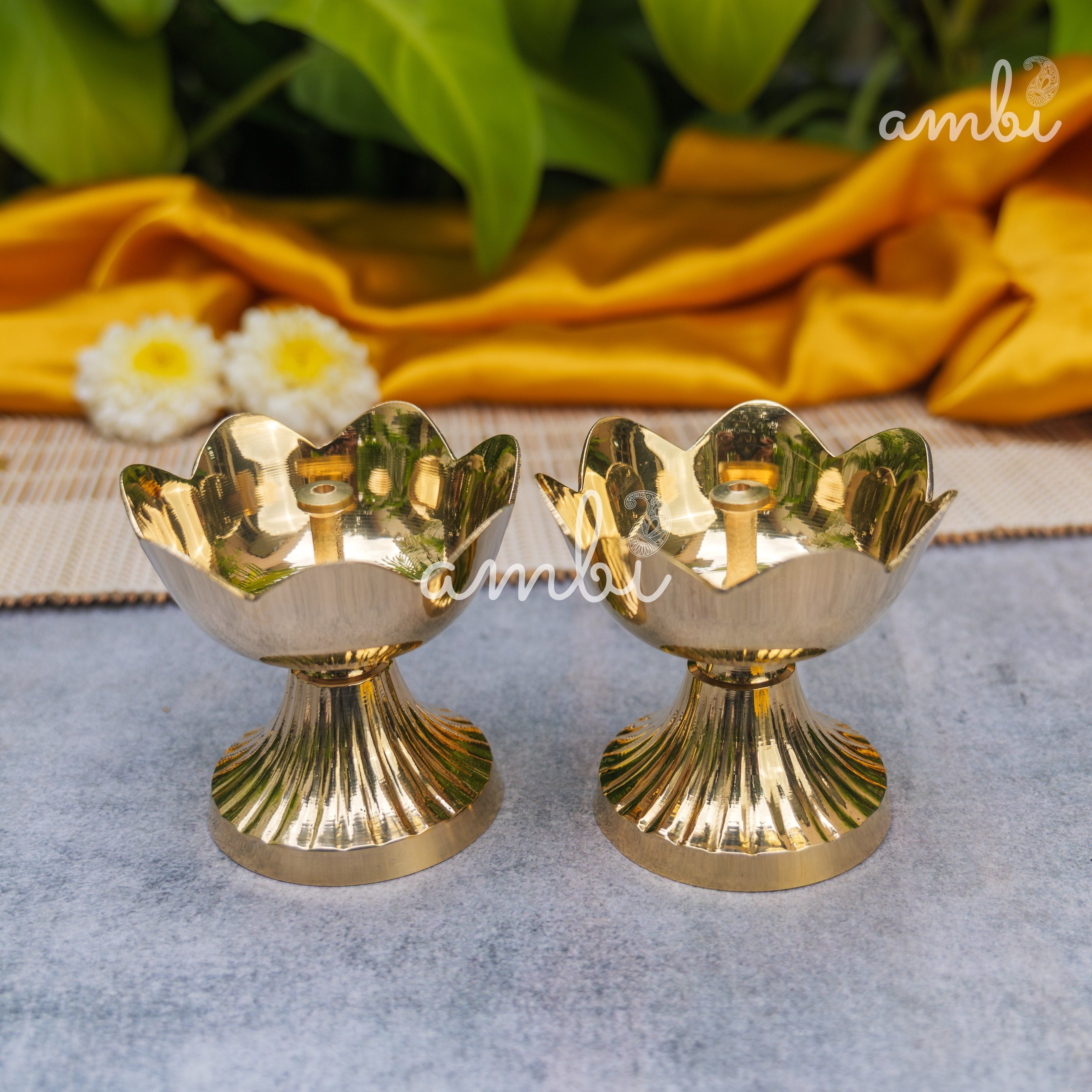 Handcrafted Pure Brass Kamal Lotus Diya — Set of 2 | 3.75 Inch | Ambi