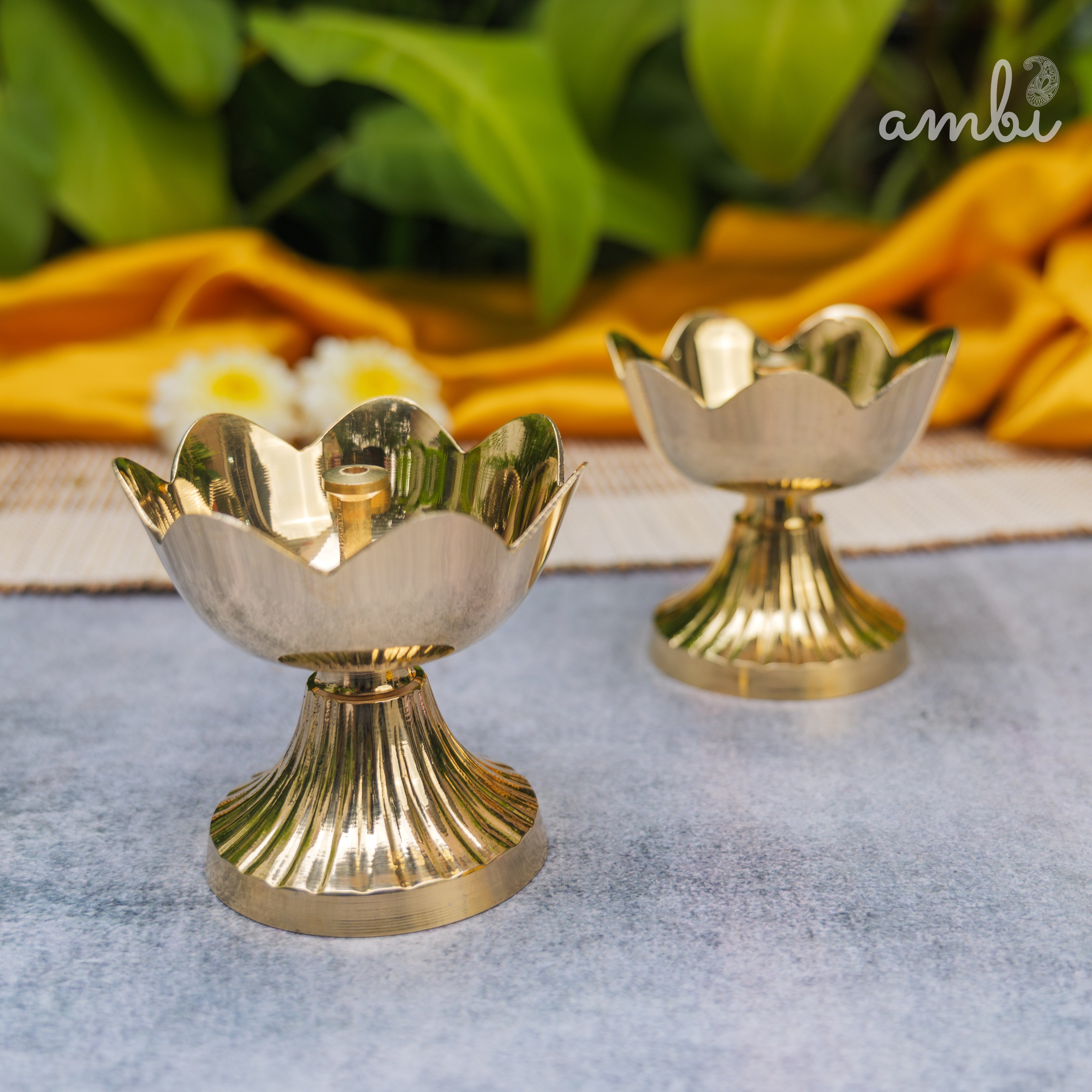 Handcrafted Pure Brass Kamal Lotus Diya — Set of 2 | 3.75 Inch | Ambi