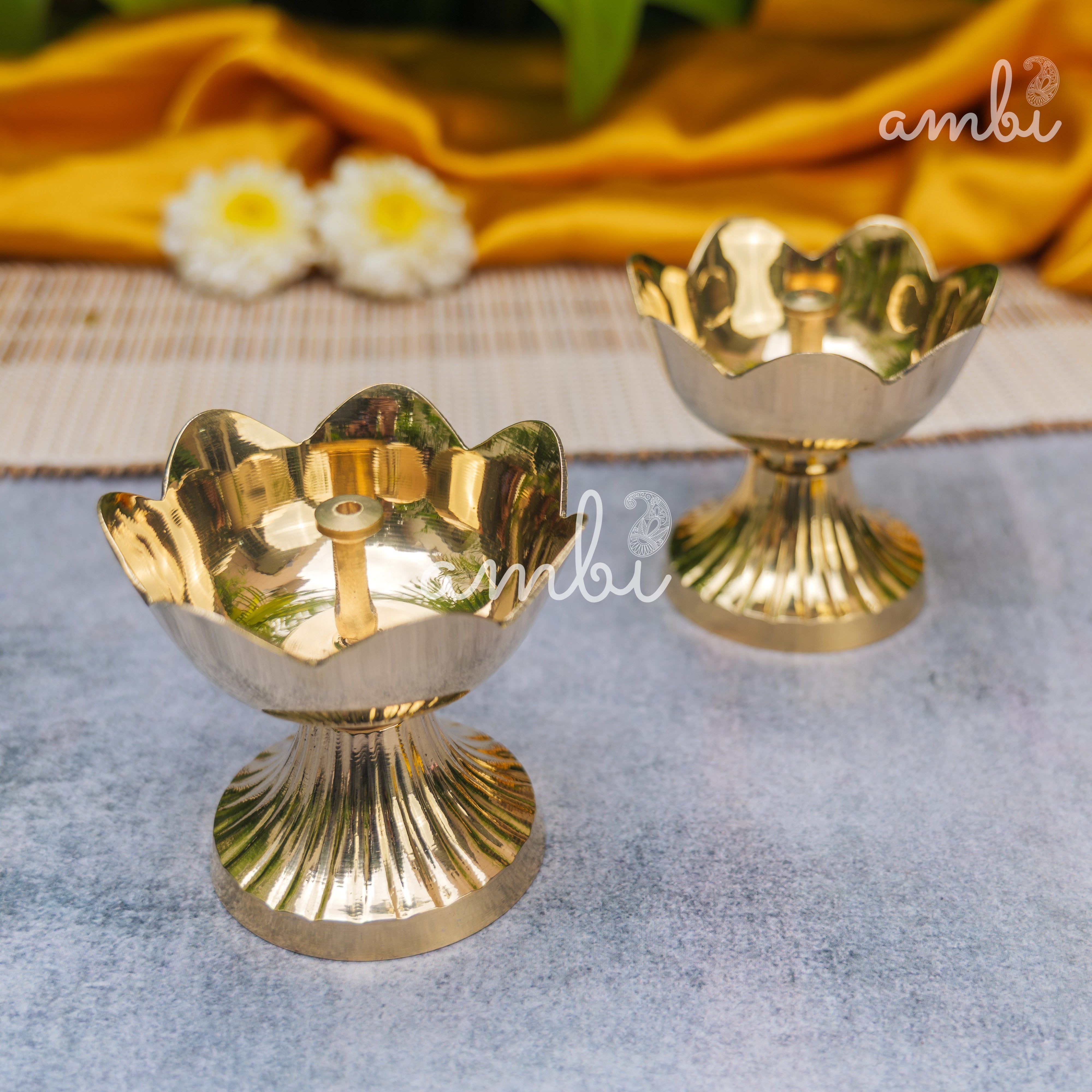 Handcrafted Pure Brass Kamal Lotus Diya — Set of 2 | 3.75 Inch | Ambi