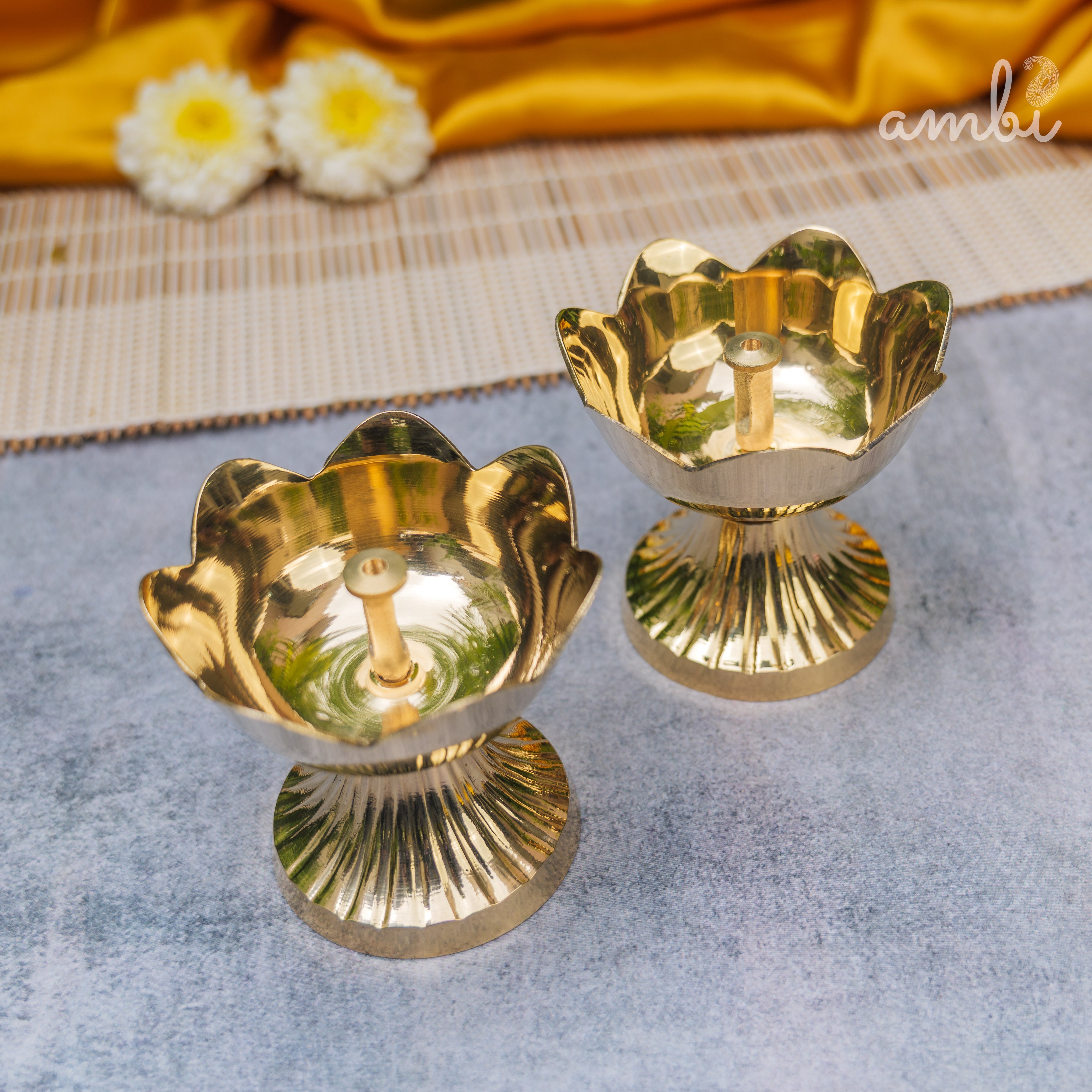 Handcrafted Pure Brass Kamal Lotus Diya — Set of 2 | 3.75 Inch | Ambi