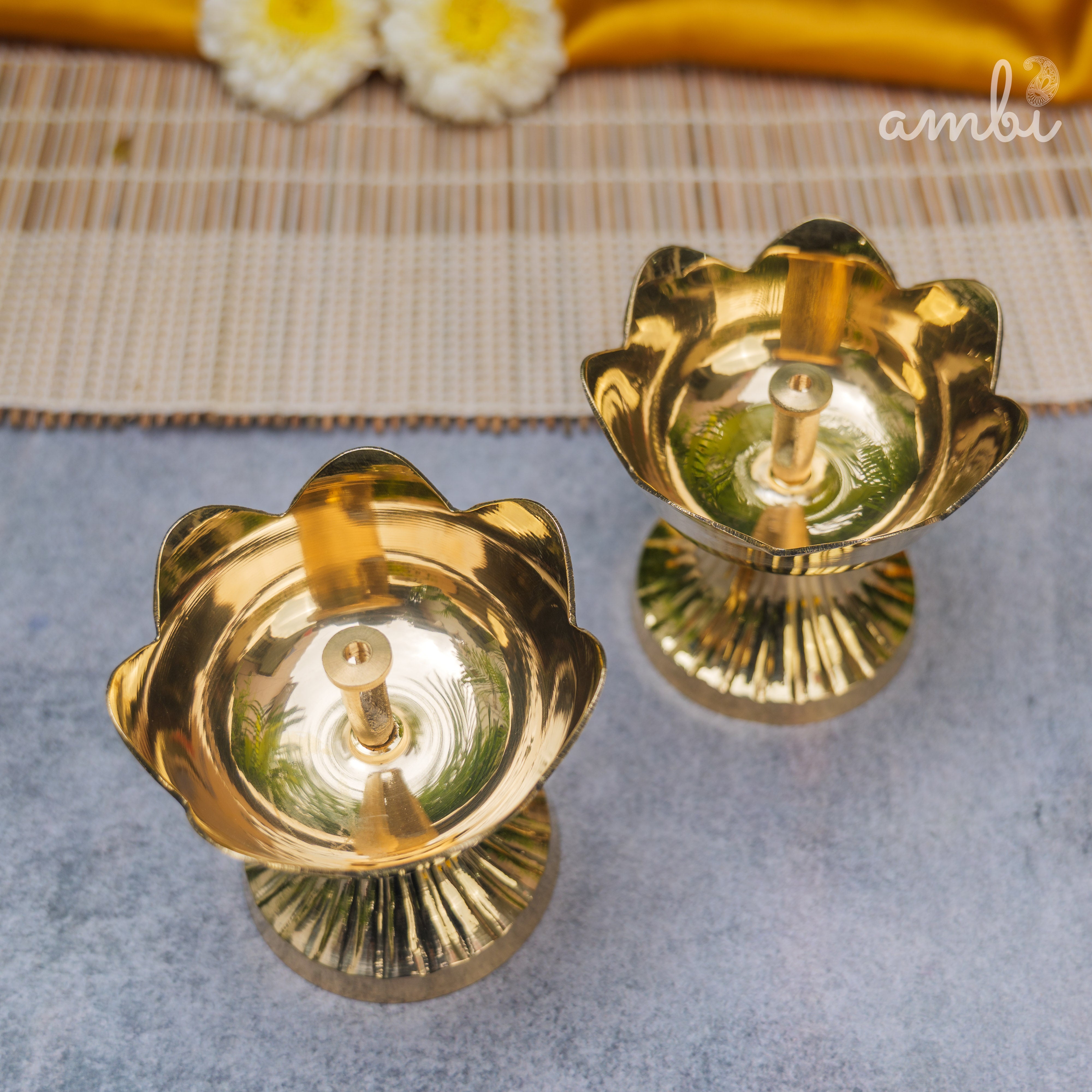 Handcrafted Pure Brass Kamal Lotus Diya — Set of 2 | 3.75 Inch | Ambi