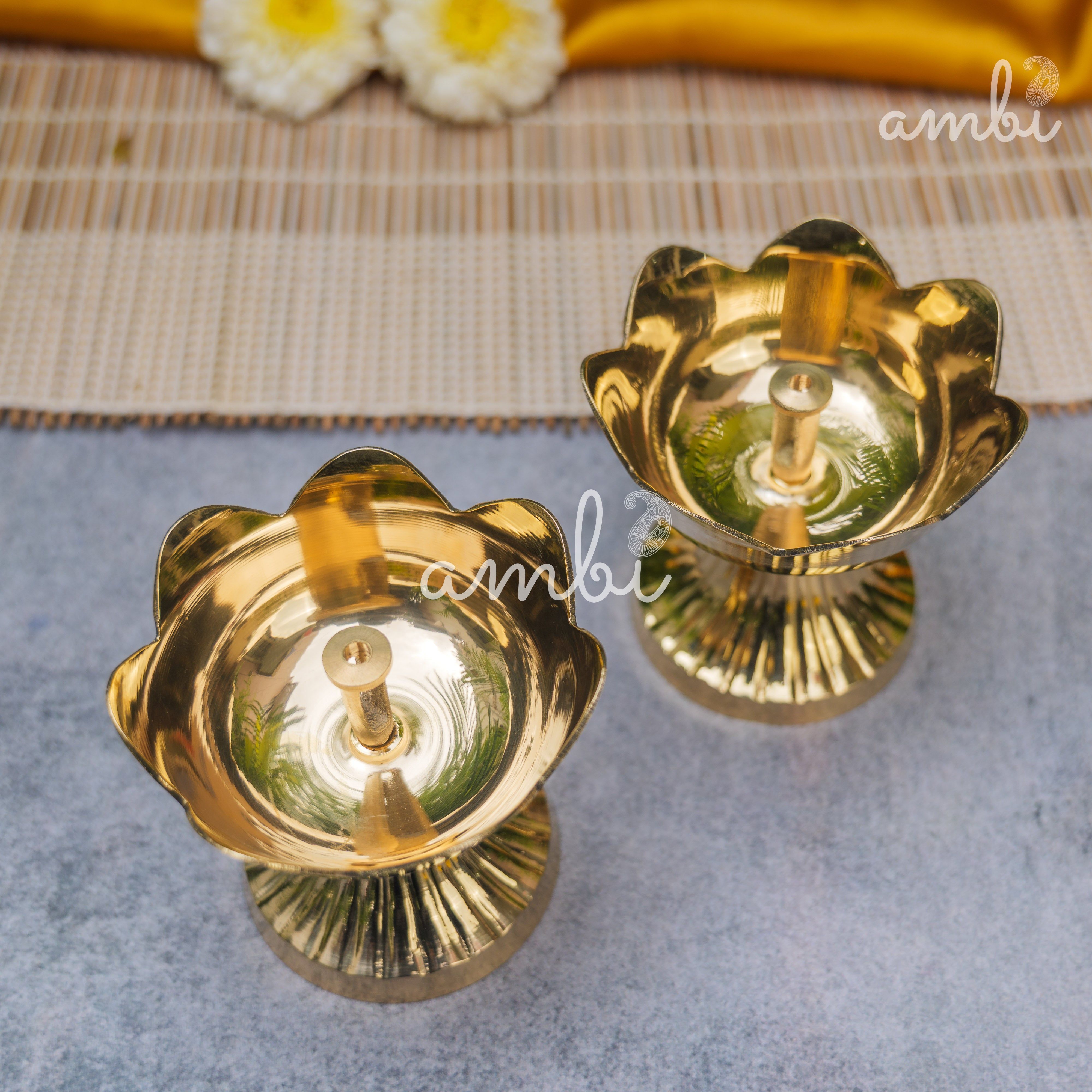 Handcrafted Pure Brass Kamal Lotus Diya — Set of 2 | 3.75 Inch | Ambi