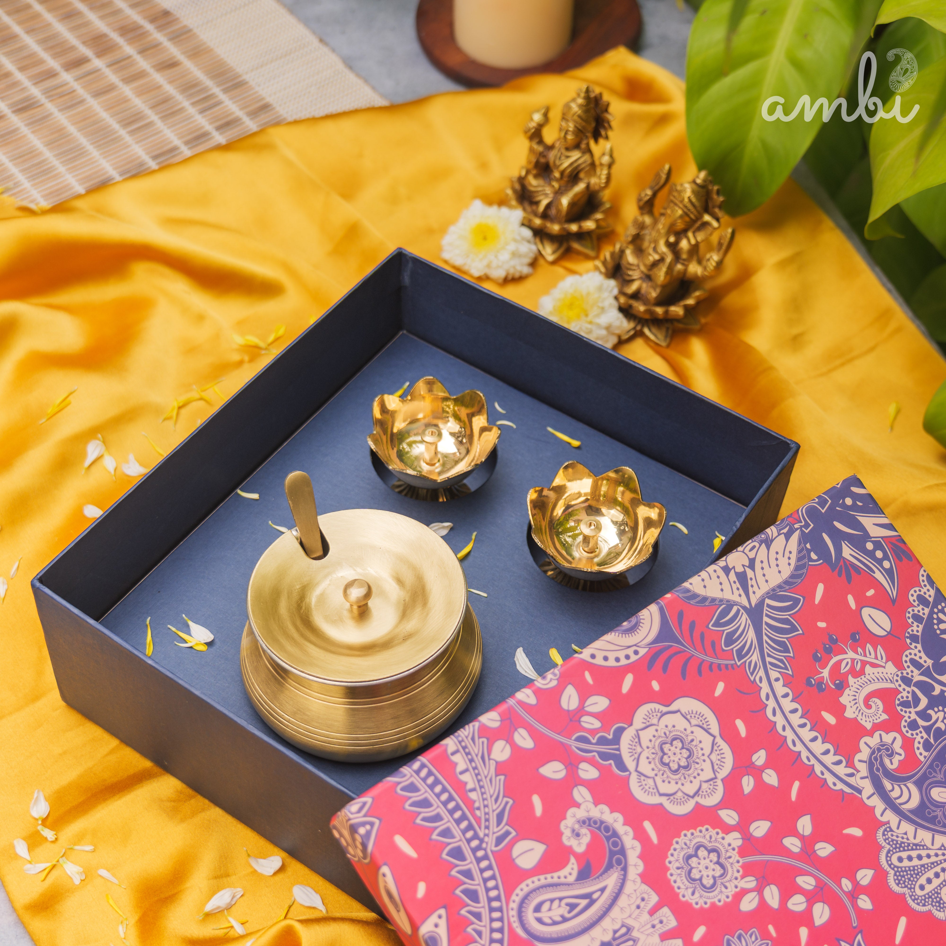 Gift Box - Brass Lotus Diya(small) & Ghee Pot