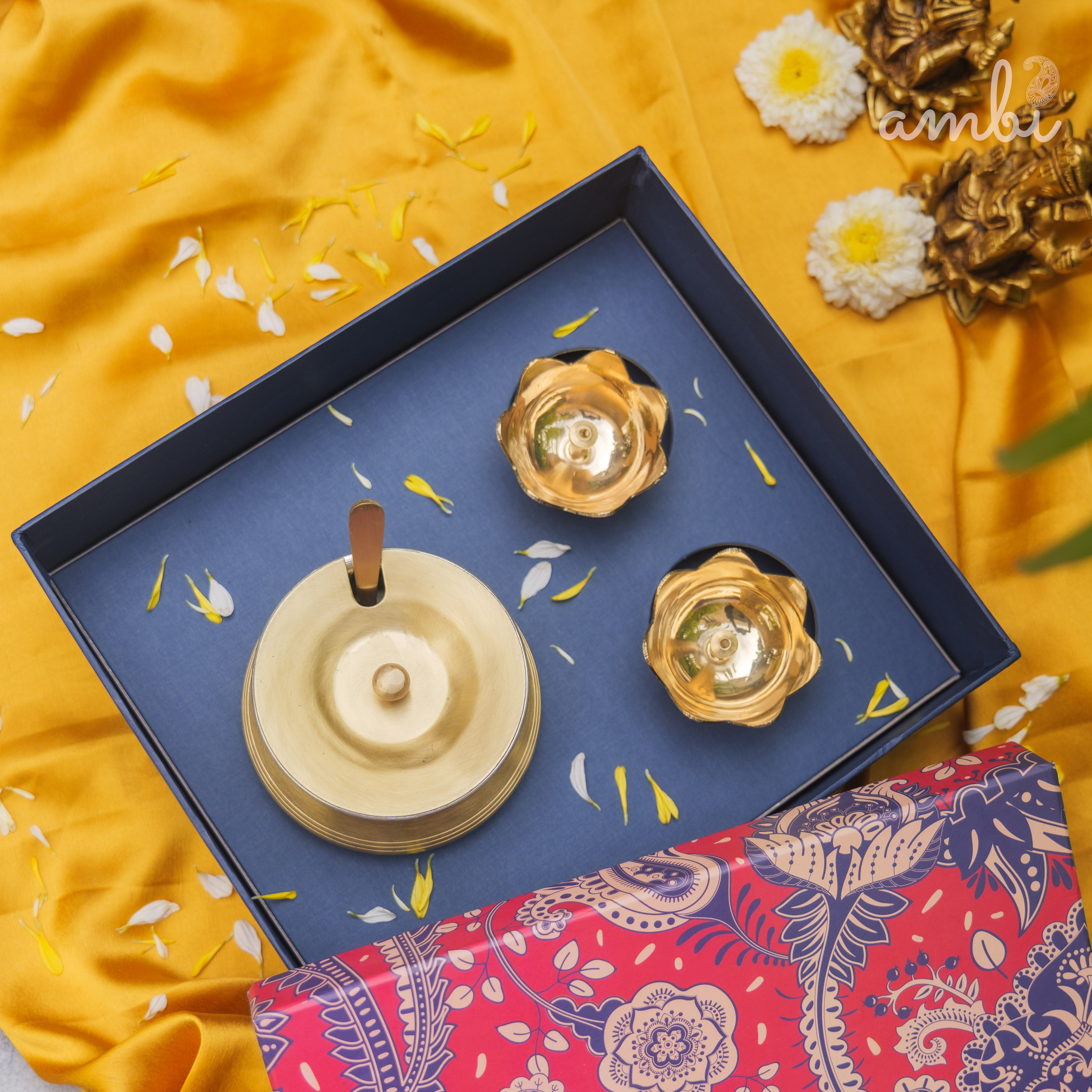 Gift Box - Brass Lotus Diya(small) & Ghee Pot