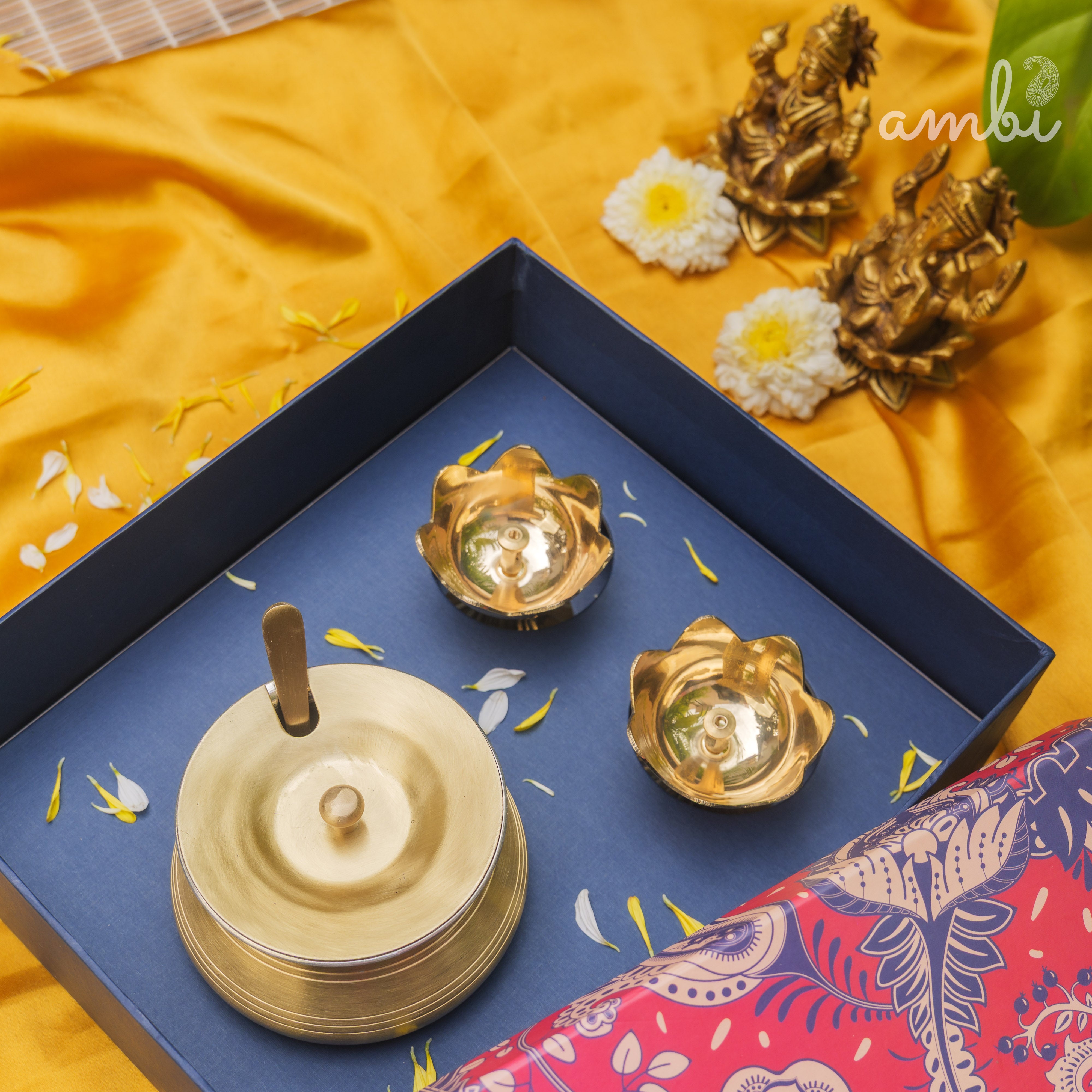 Gift Box - Brass Lotus Diya(small) & Ghee Pot