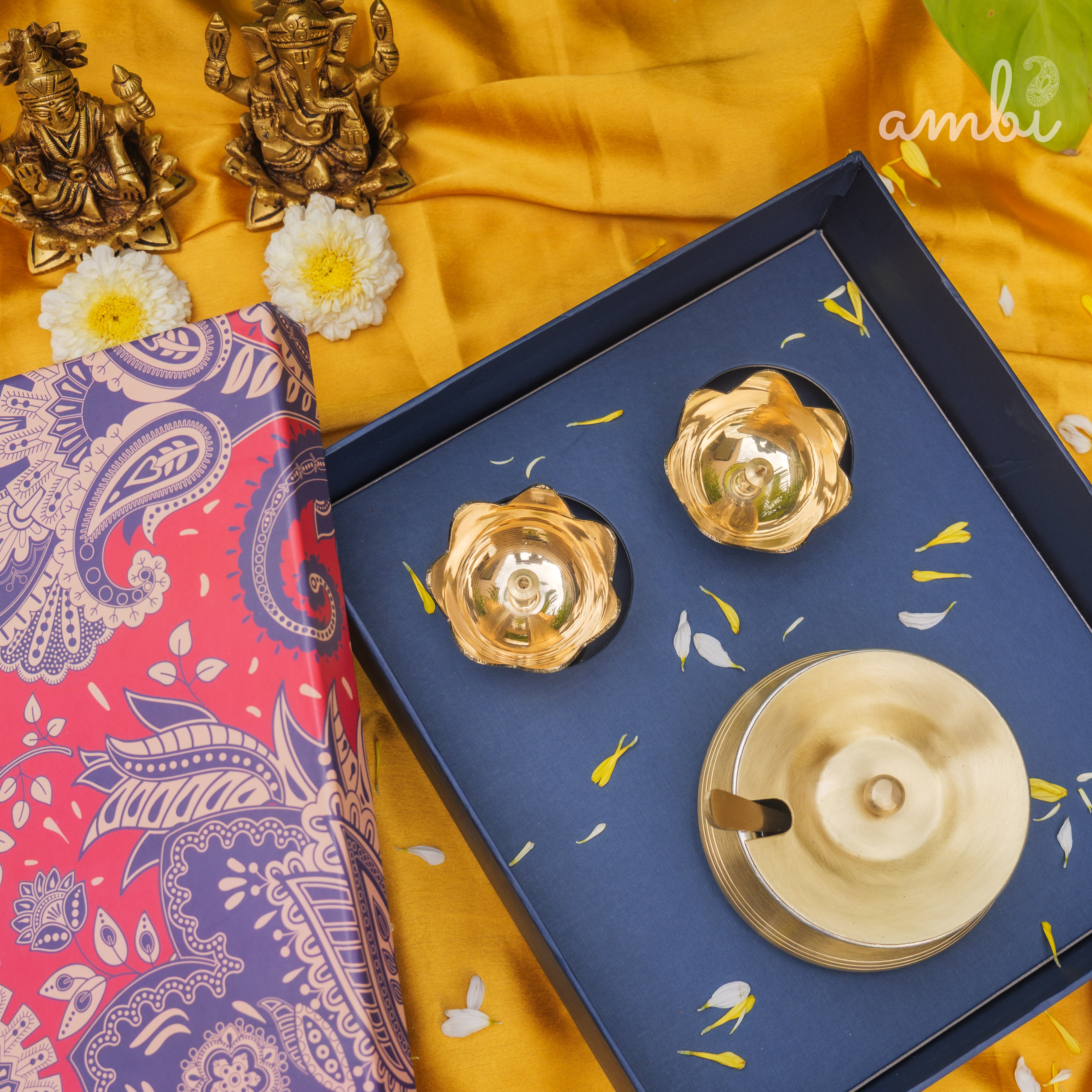 Gift Box - Brass Lotus Diya(small) & Ghee Pot