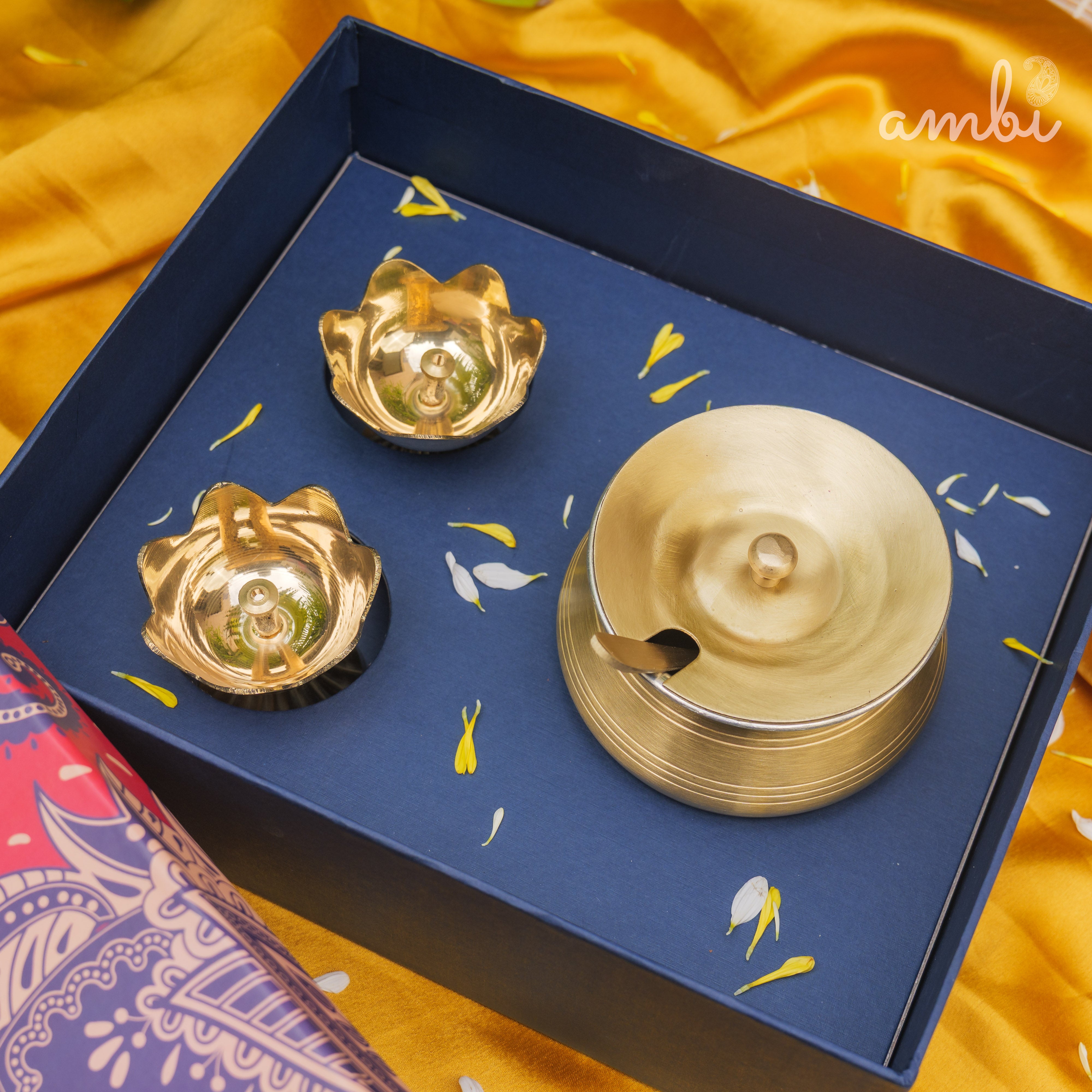 Gift Box - Brass Lotus Diya(small) & Ghee Pot