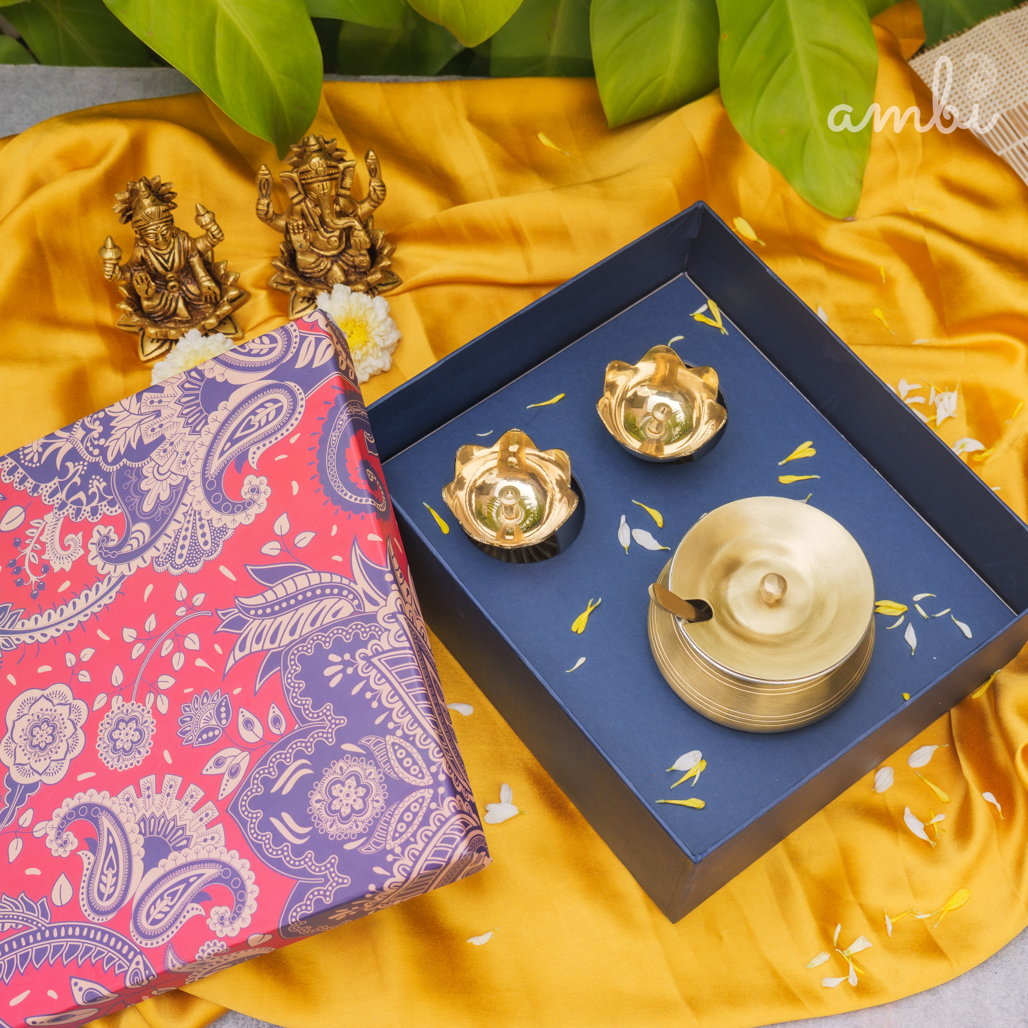 Gift Box - Brass Lotus Diya(small) & Ghee Pot