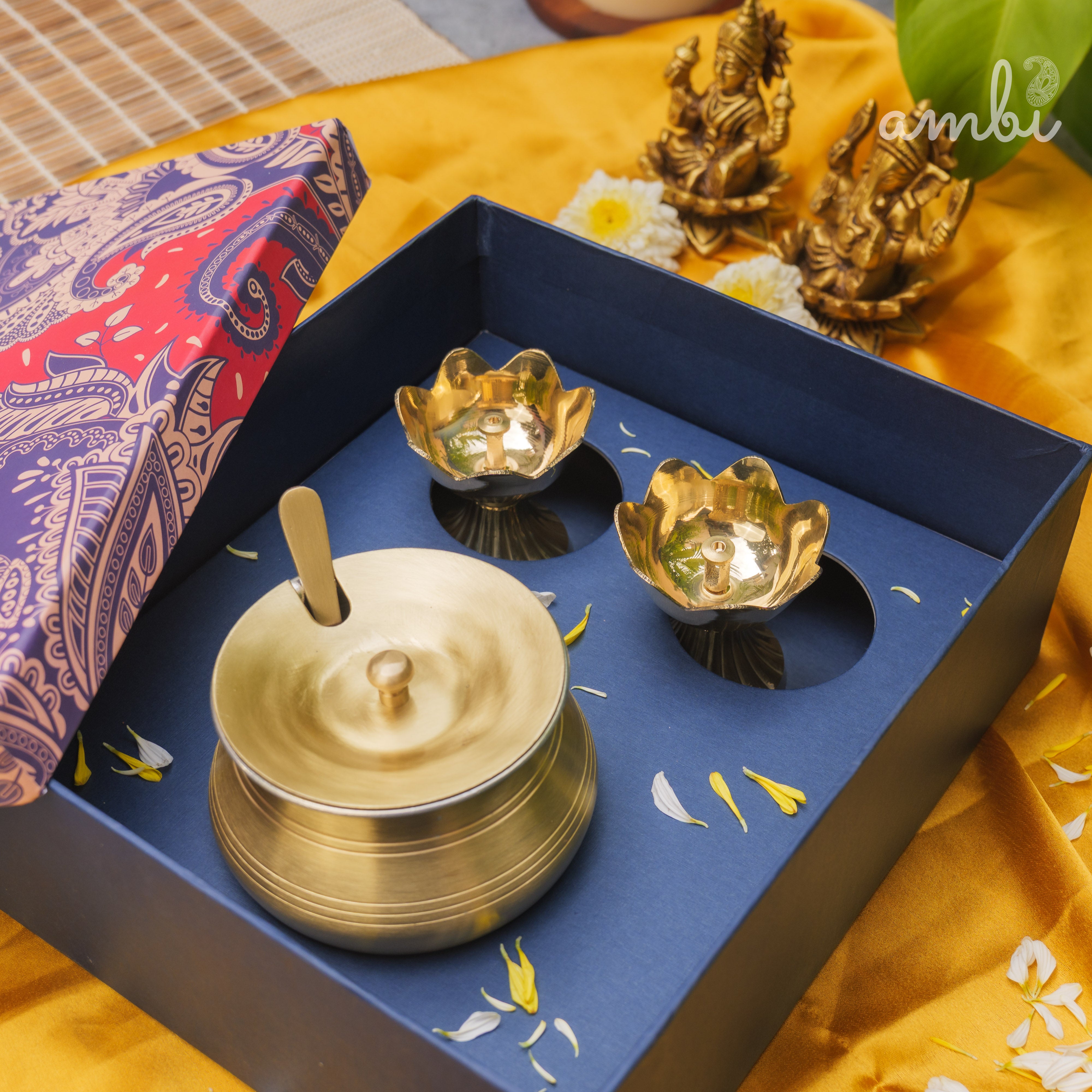 Gift Box - Brass Lotus Diya(small) & Ghee Pot