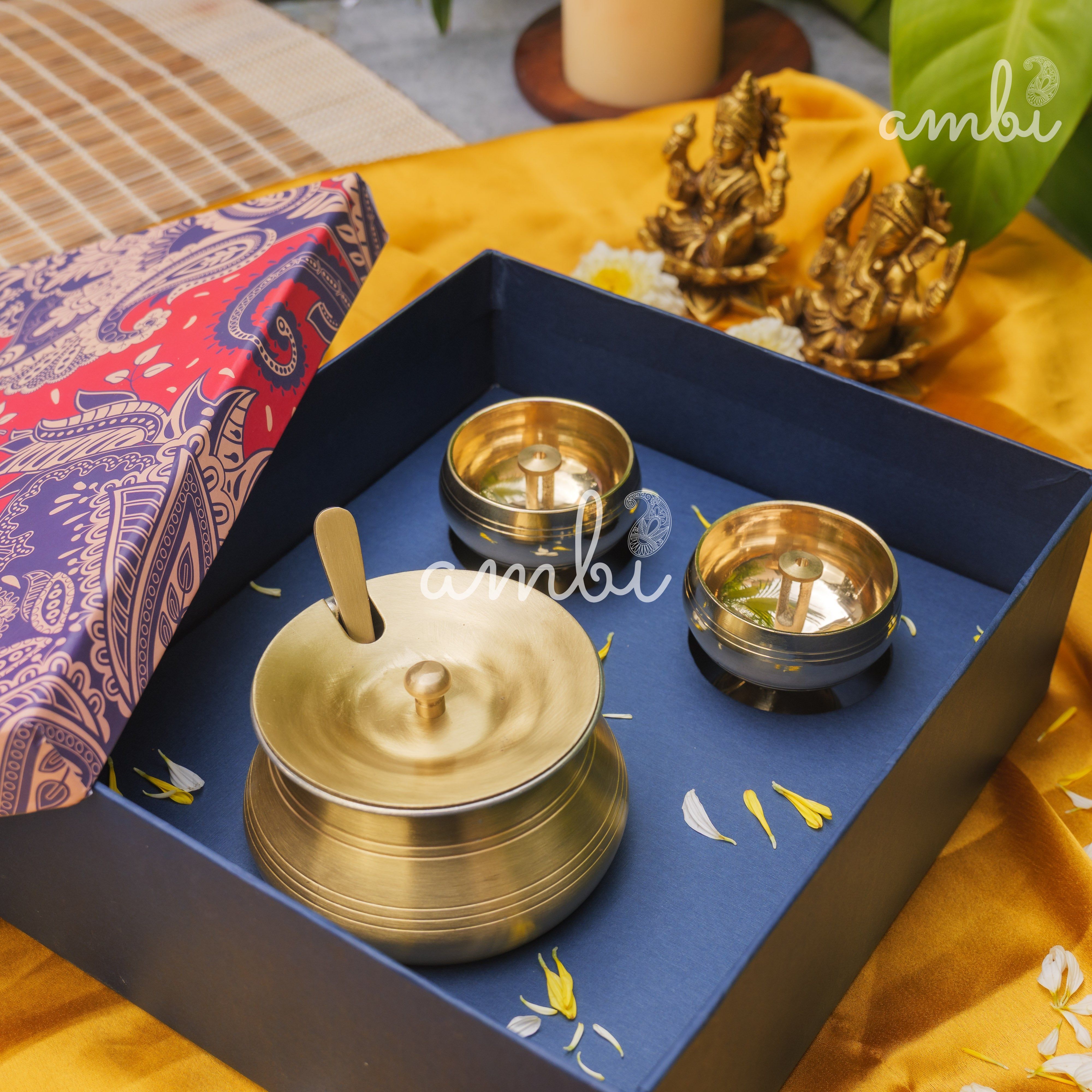 Ambi Gift of Purity (Kuber Diyas) : 1 Pure Brass Ghee Pot and 2 Pure Brass Kuber Diyas in a Gift Box