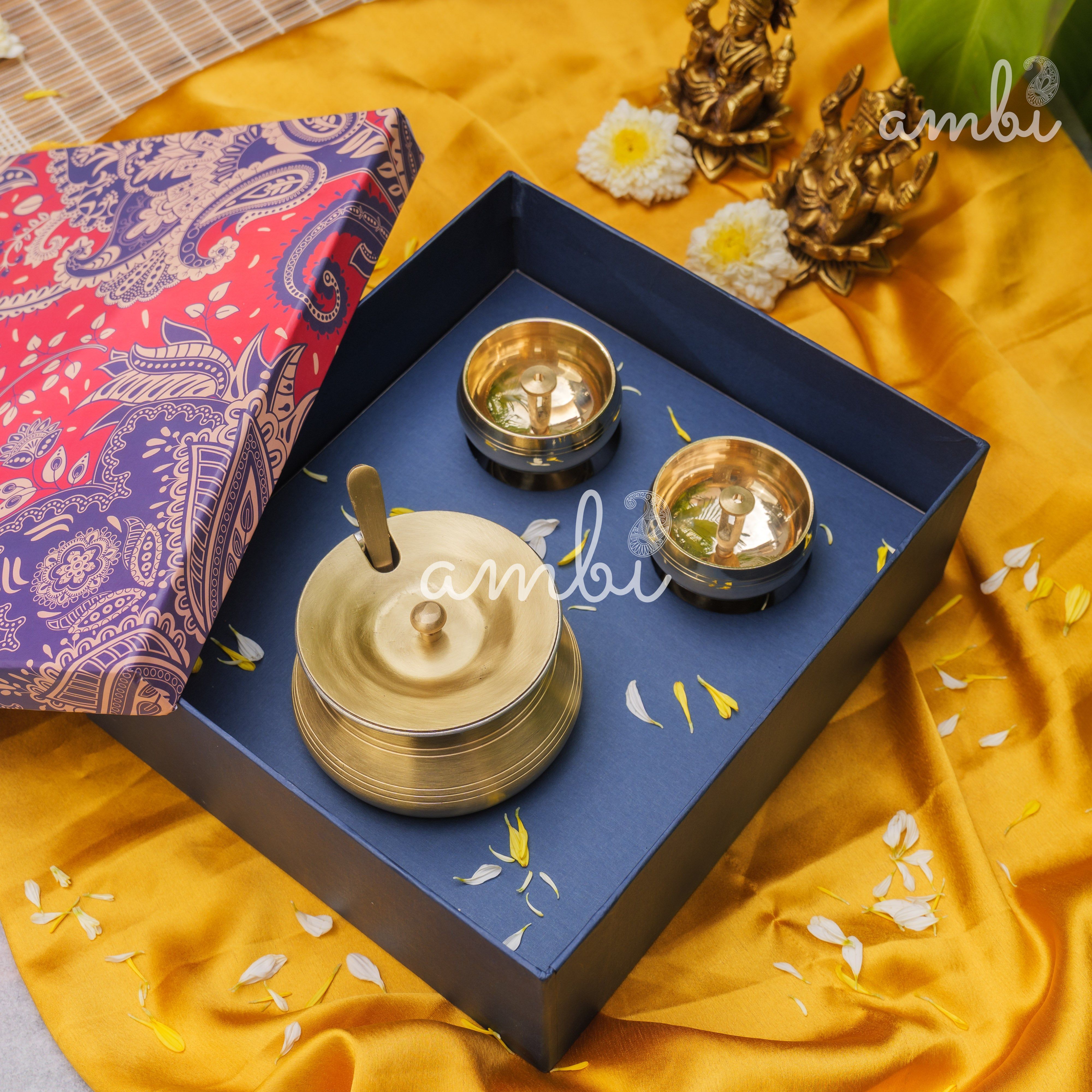 Ambi Gift of Purity (Kuber Diyas) : 1 Pure Brass Ghee Pot and 2 Pure Brass Kuber Diyas in a Gift Box