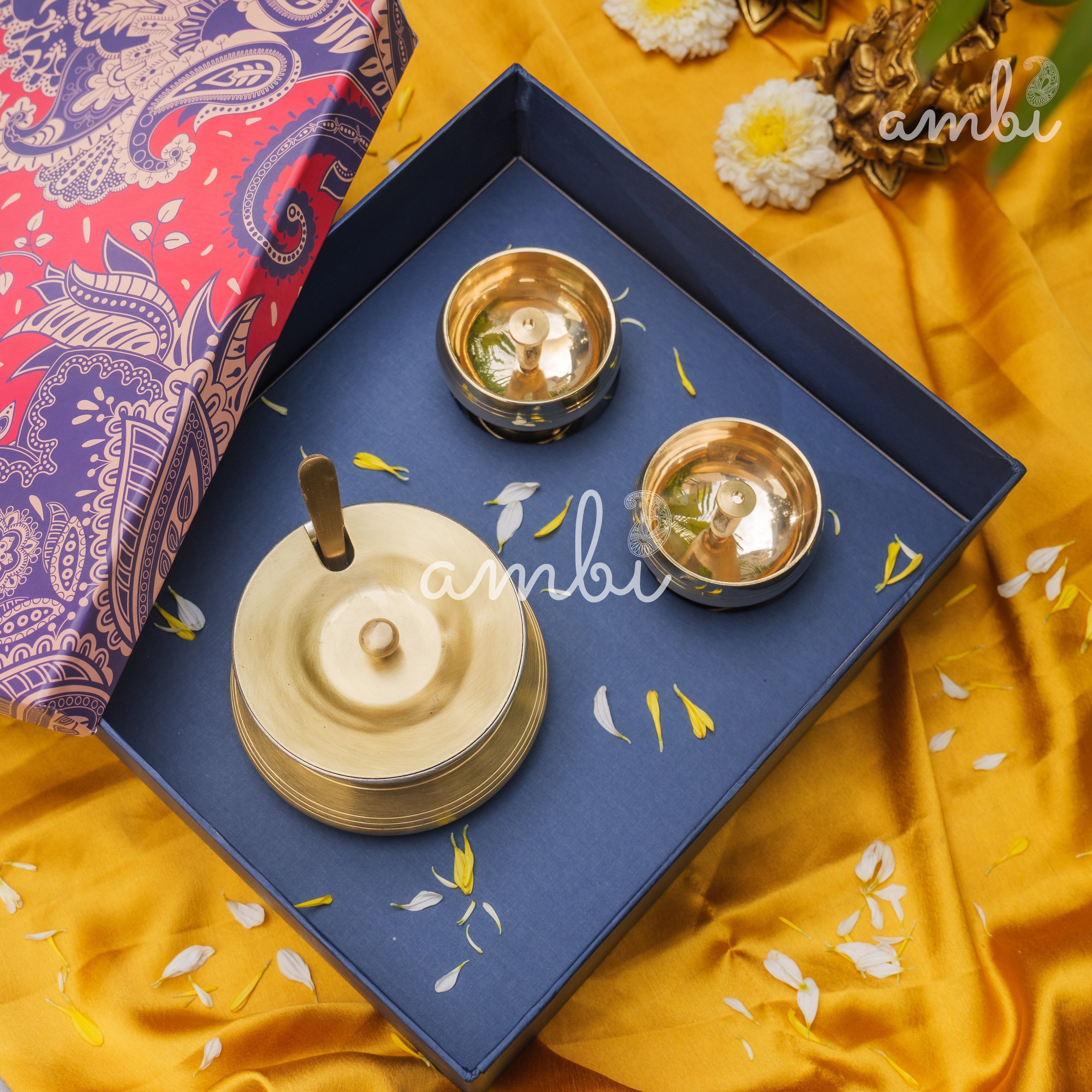 Ambi Gift of Purity (Kuber Diyas) : 1 Pure Brass Ghee Pot and 2 Pure Brass Kuber Diyas in a Gift Box