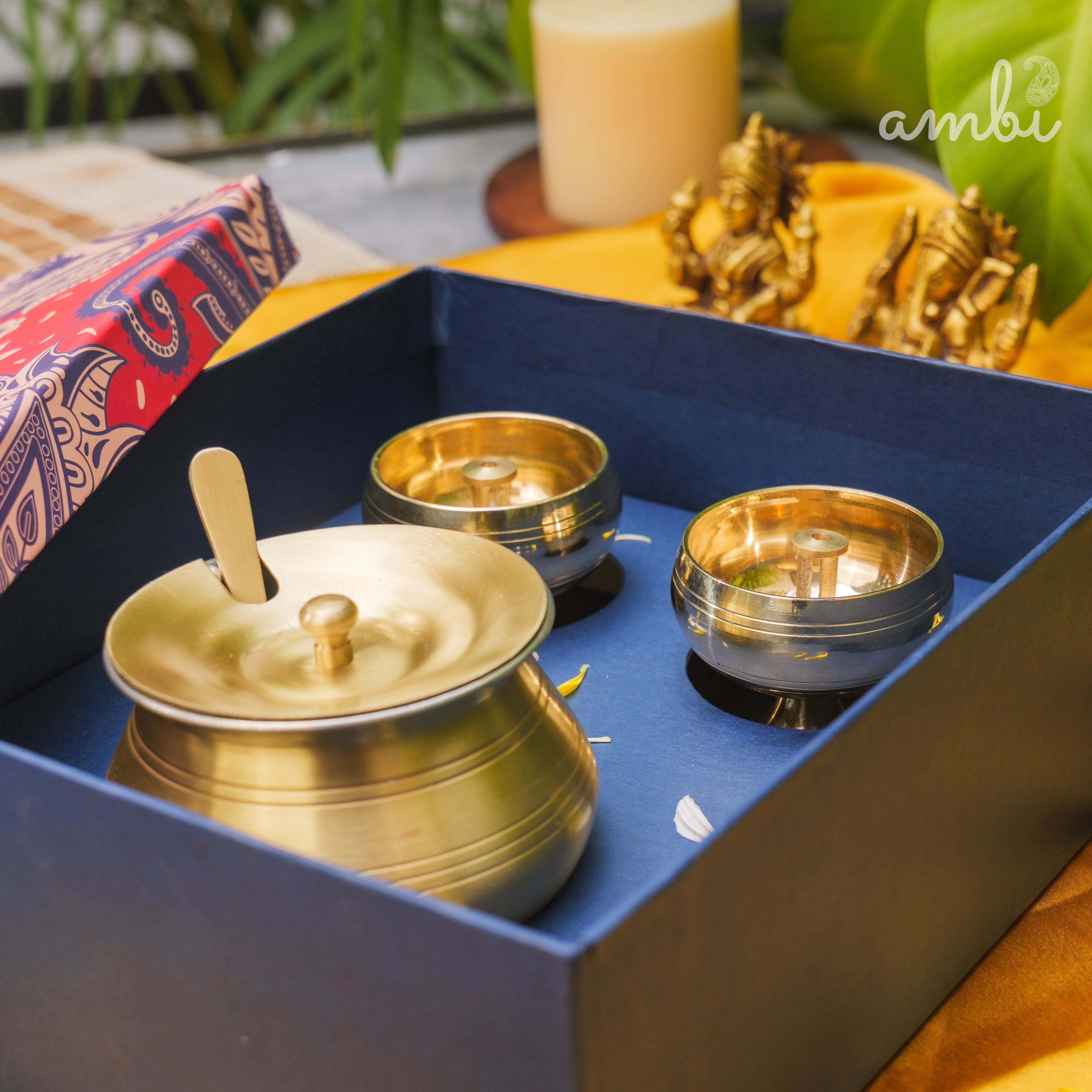 Ambi Gift of Purity (Kuber Diyas) : 1 Pure Brass Ghee Pot and 2 Pure Brass Kuber Diyas in a Gift Box