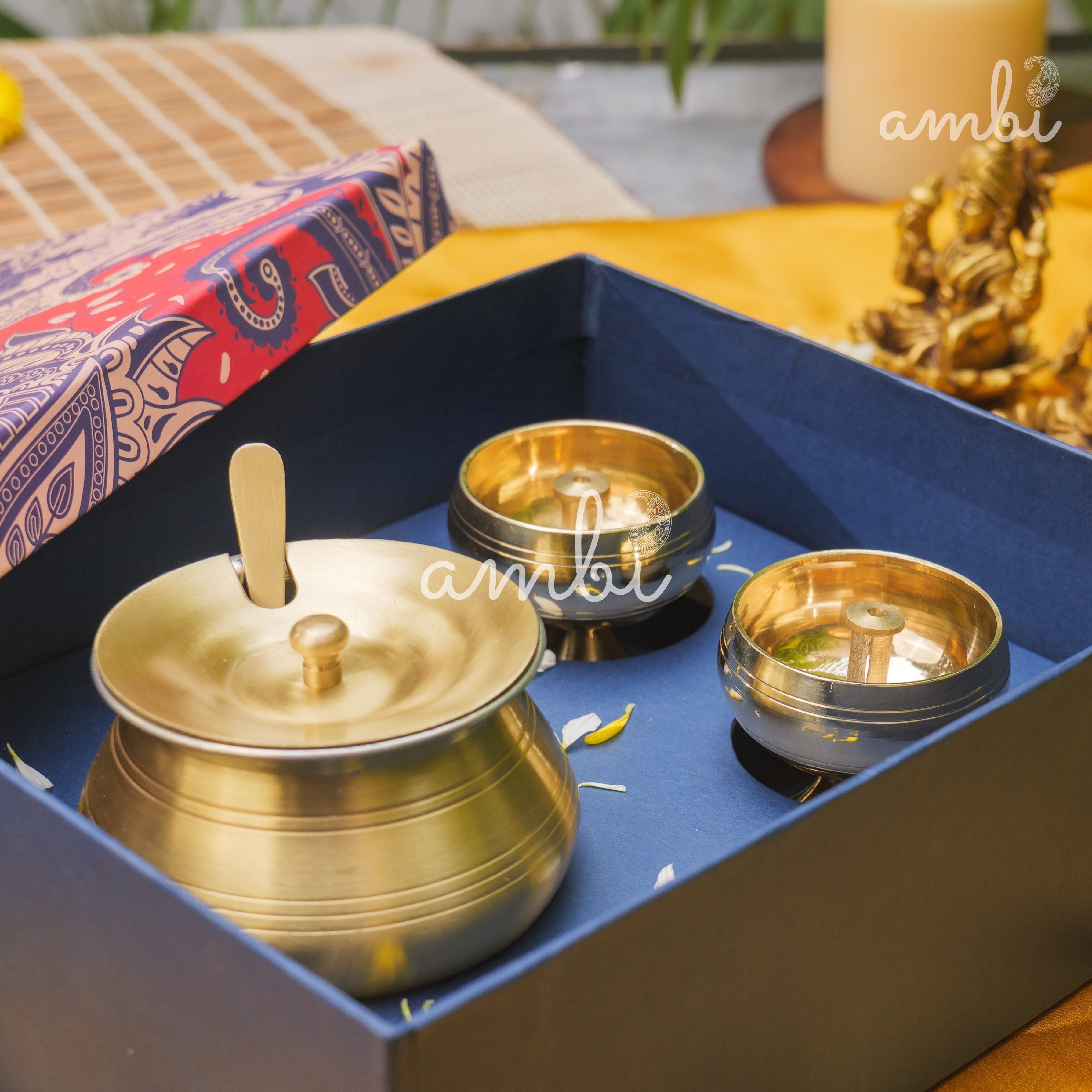 Ambi Gift of Purity (Kuber Diyas) : 1 Pure Brass Ghee Pot and 2 Pure Brass Kuber Diyas in a Gift Box
